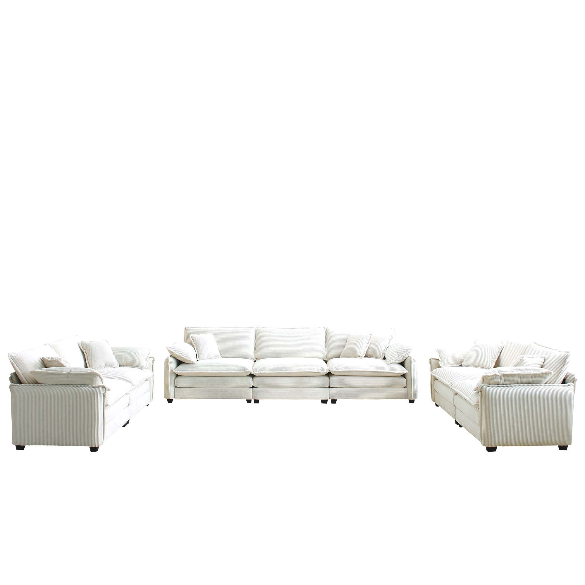 Modern Living Room Sofa 3 Pieces Set, Two 2-Seater Sofas and One 3-Seater Sofas, Upholstery Large Deep Seat Sofa with sofat Cushion and Pillowss, Beige Corduroy