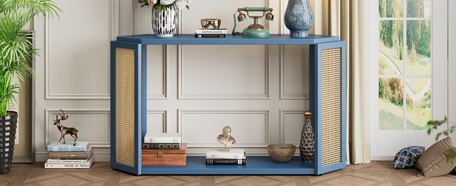 TREXM Narrow Console Table with Unique Irregular Top Design, Entryway Table with Open Shelf, Rattan Sofa Table for Living Room Hallway and Entrance (Antique Blue)