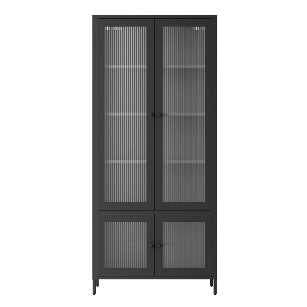 Large Metal Storage Cabinet Display Cabinet with 4 Glass Doors 5 Shelves Side Cabinet Bookcase Freestanding Cabinet for Bedroom Living Room Pantry Home Office - Black, Fluted Tempered Glass