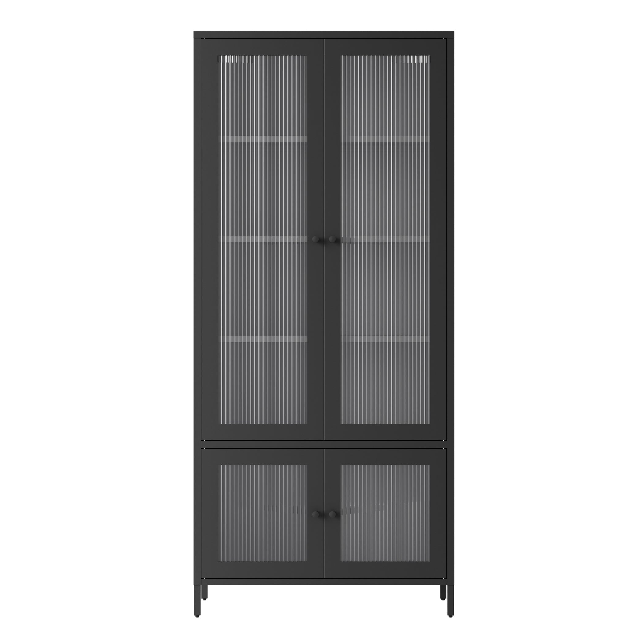 Large Metal Storage Cabinet Display Cabinet with 4 Glass Doors 5 Shelves Side Cabinet Bookcase Freestanding Cabinet for Bedroom Living Room Pantry Home Office - Black, Fluted Tempered Glass