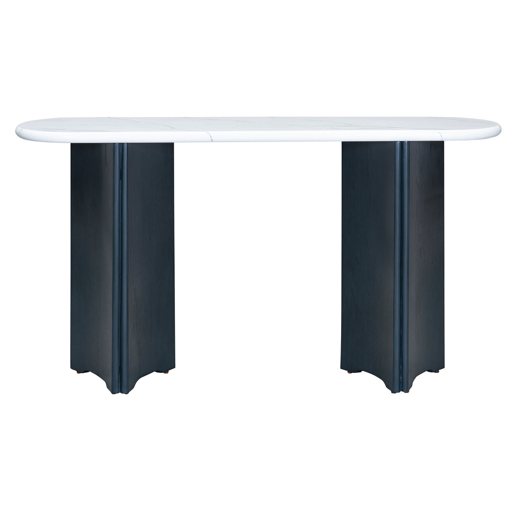 TREXM Narrow Console Table, Entryway Table with Oval Faux Marble Top, Rustic Sofa Table with Curved Legs, Hallway Accent Table for Entrance and Living Room (Navy+White)