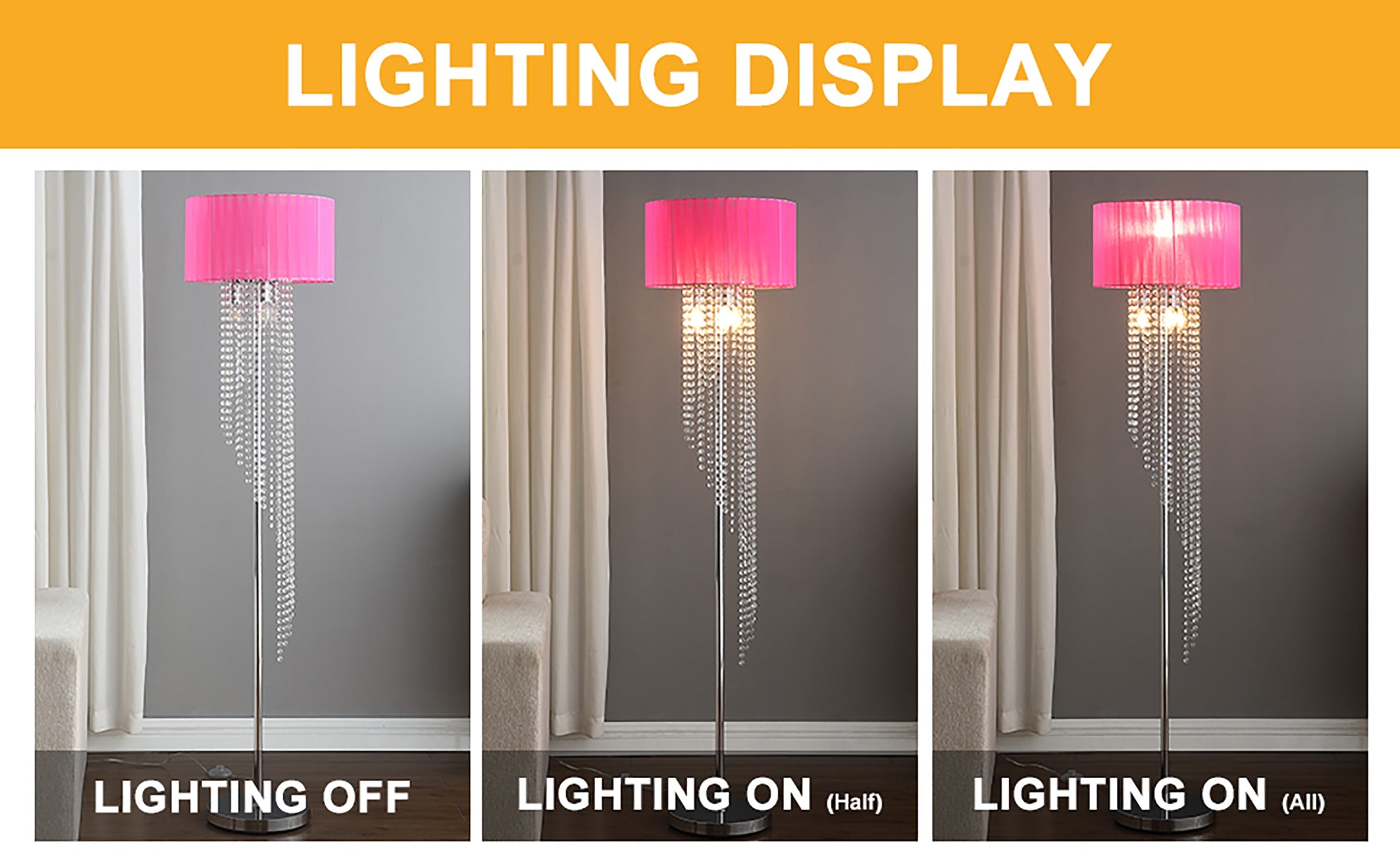 65.75'H Sheer Hot Pink Drum Shade Rain Crystal Chrome Metal Floor Lamp for Living Room, Standing Lamp for Bedroom
