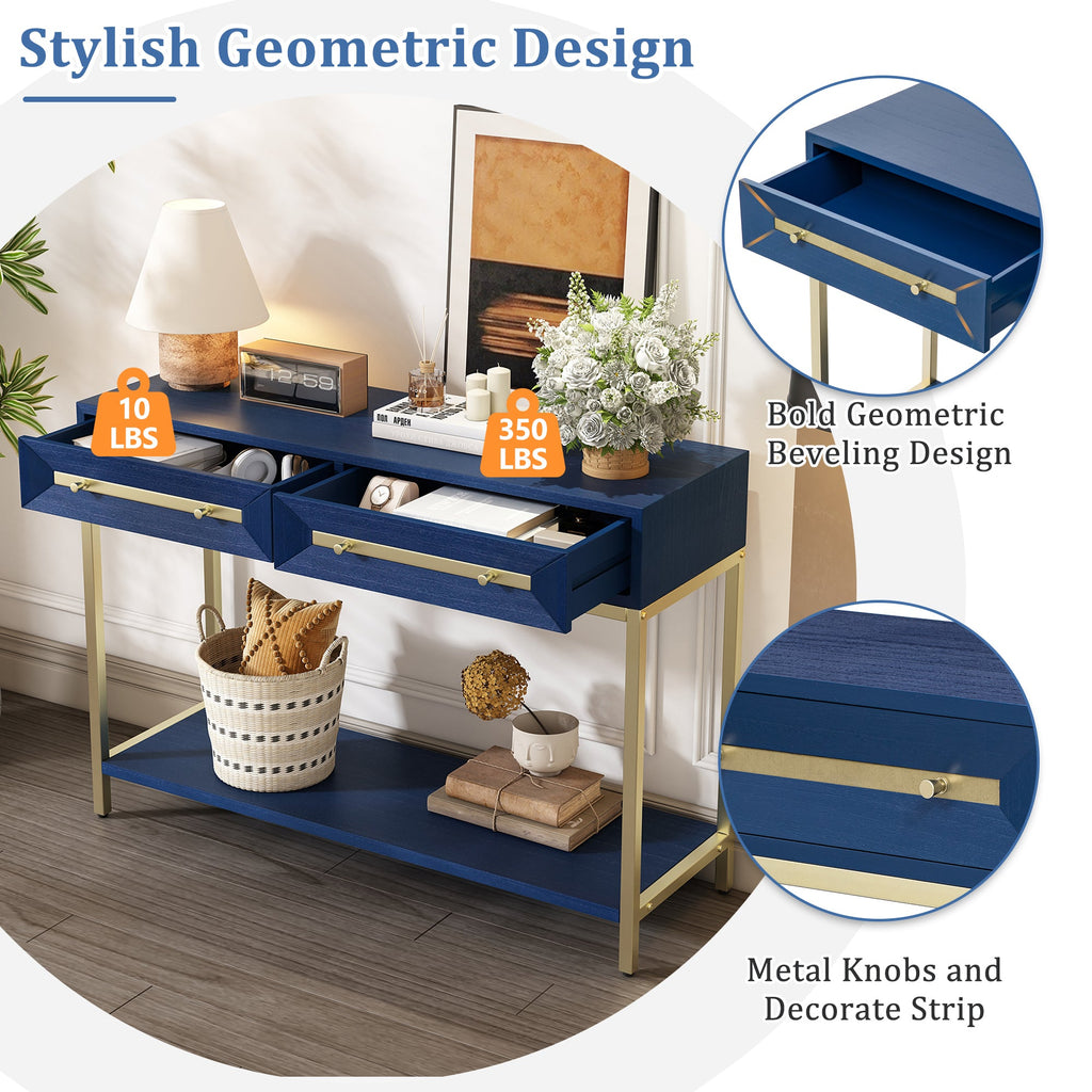 TREXM Entryway Table, Console Table with Two Drawers, Retro Hallway Table with Striking Geometric Design for Entryway and Living Room (Navy)