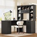 L-shaped computer desk with 2 cabinets and 2 drawers underneath the table, 11 open shelves and a flip-up shelf with storage on the right side, suitable for study, living room and office, Black