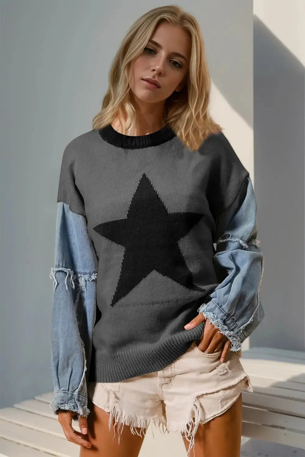 Double Take Full Size Star Pattern Raw Edge Long Sleeve Sweater