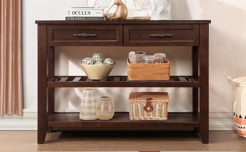 Console Sofa Table with 2 Storage Drawers and 2 Tiers Shelves, Mid-Century Style 42'' Solid Wood Buffet Sideboard for Living Room Furniture Kitchen Dining Room Entryway Hallway, Espresso