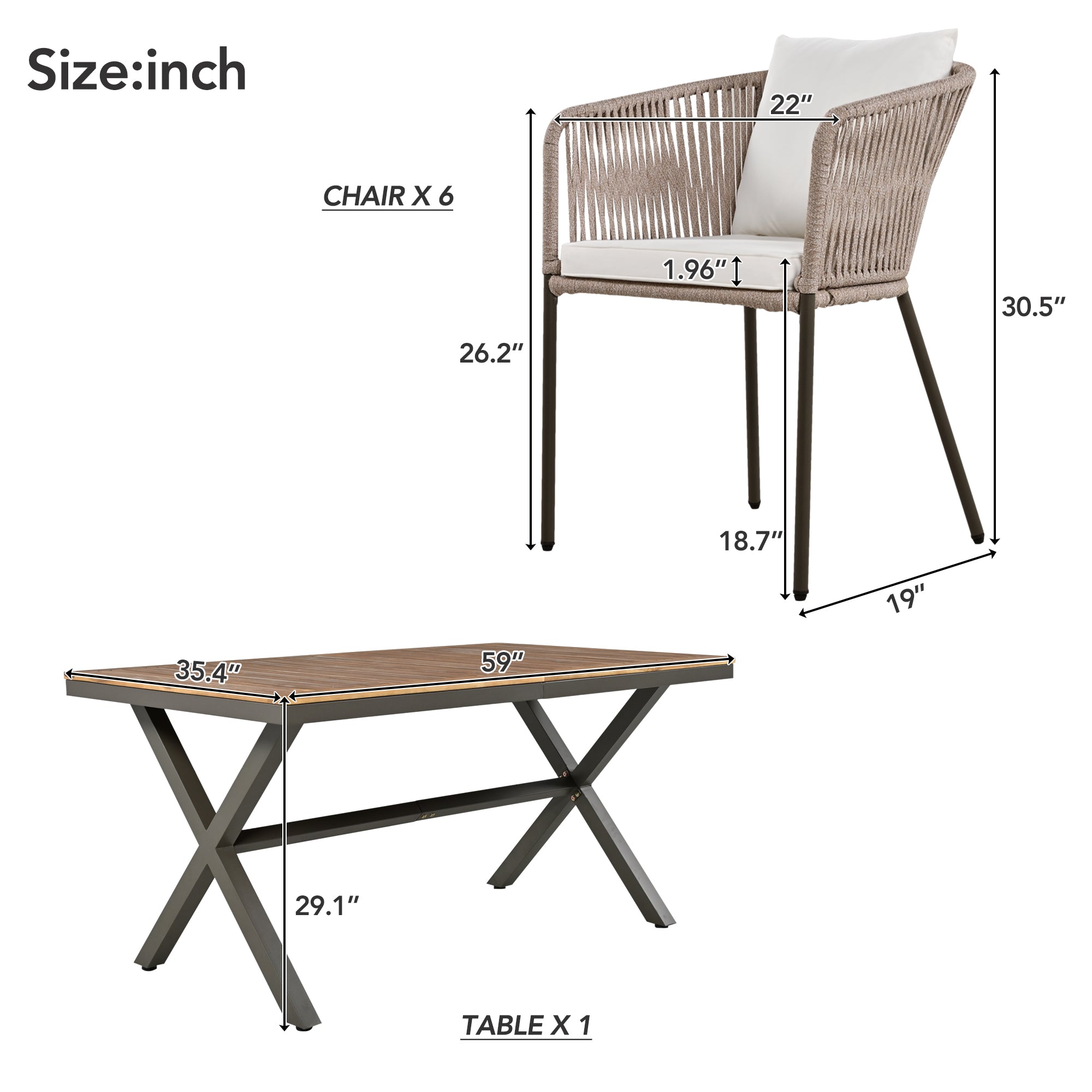 GO 7 Pieces Patio Dining Set, All-Weather Outdoor Furniture Set with Dining Table and Chairs, Acacia Wood Tabletop, Metal Frame, for for Garden, Backyard, Balcony, Beige