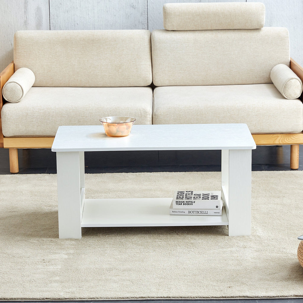 A modern and minimalist white double layered rectangular coffee table and coffee table. MDF material is more durable and suitable for living rooms, bedrooms, and study rooms. 19.6 "*35.4"*16.5 "CT-16