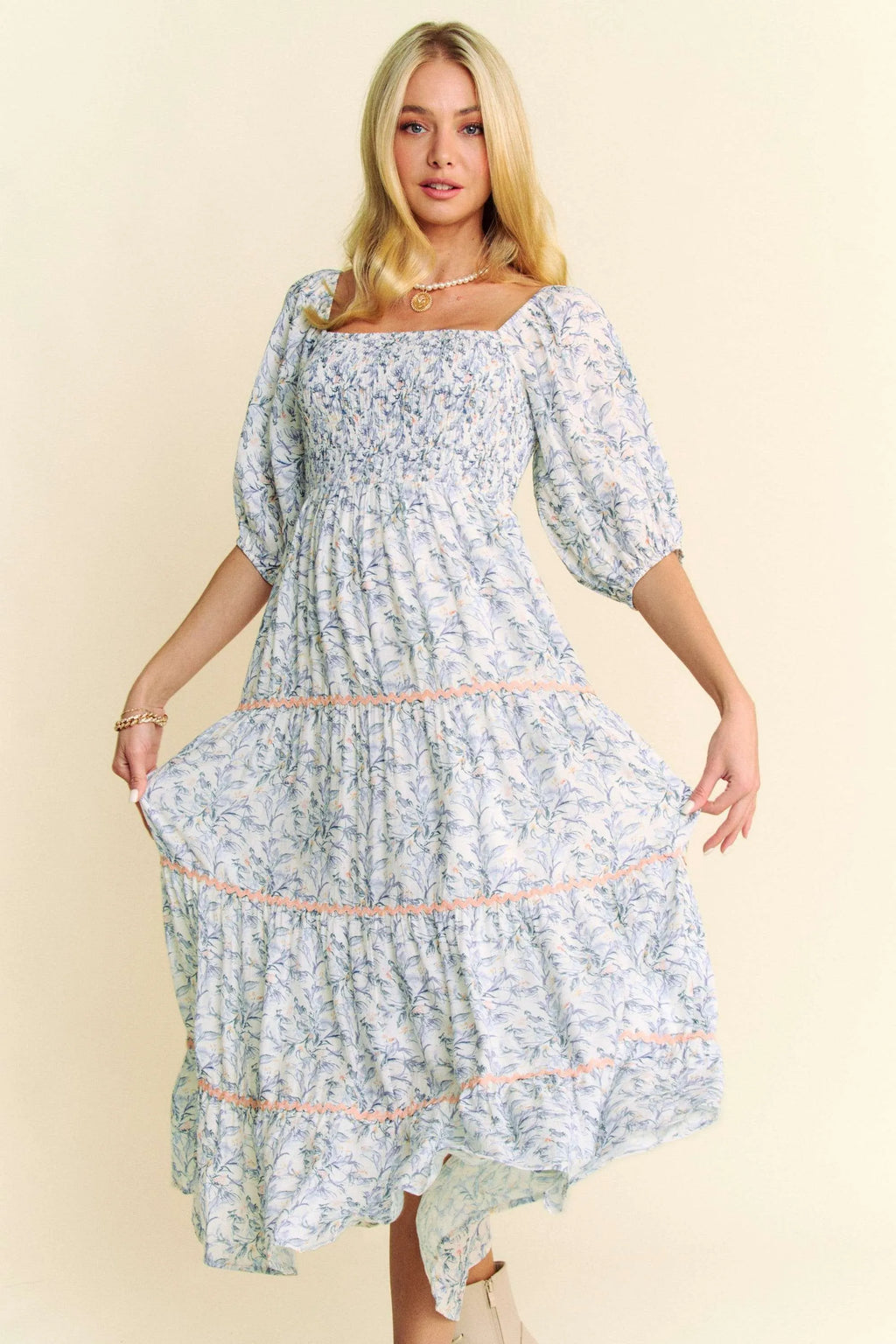 Davi & Dani Contrast Ric Smocking Bodice Tiered Midi Dress