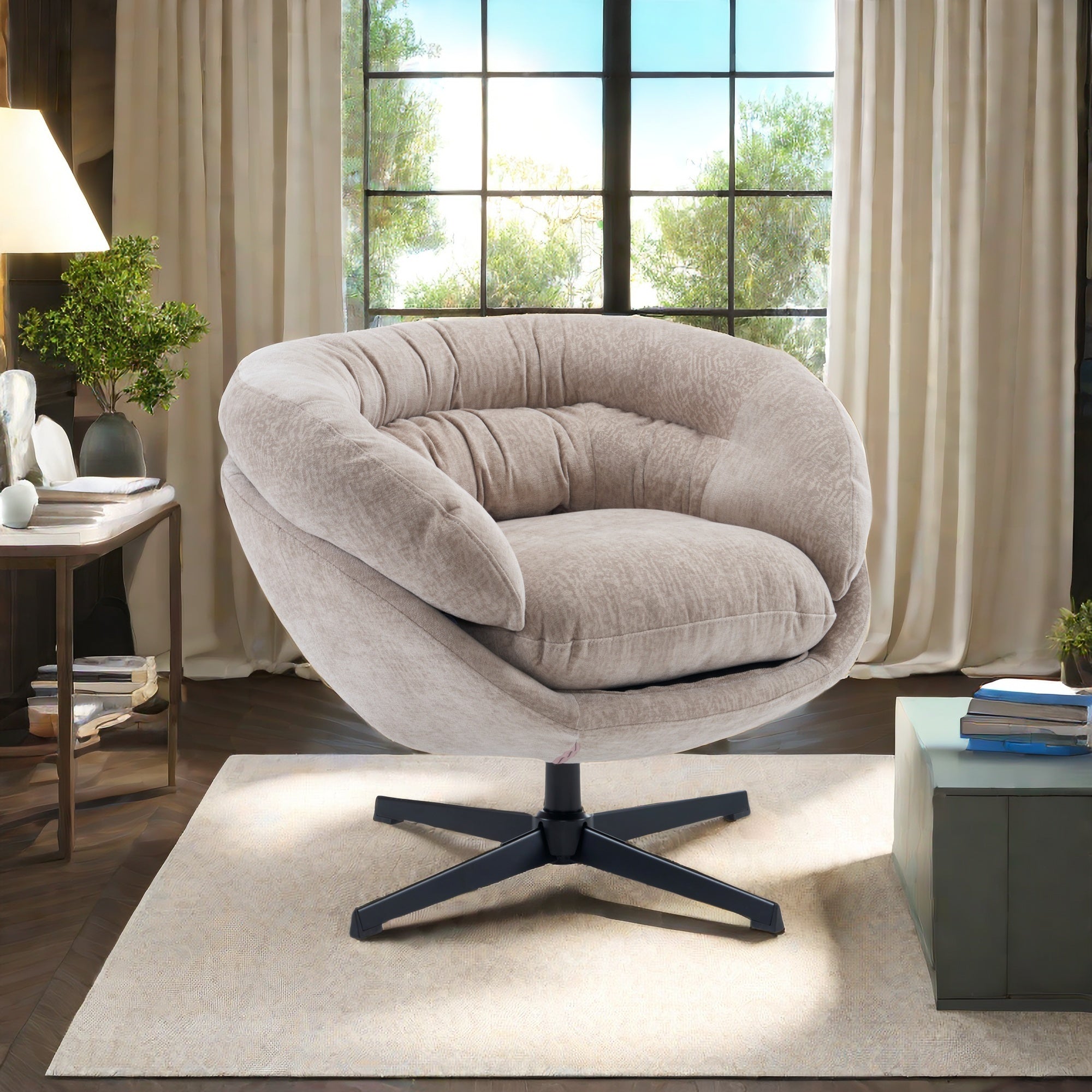 Modern Chenille Office Chair, 360° Swivel Club Chair/Accent Chair with Removable Cushion, Round Office Chair, Black Metal Base, Cotton Material, Living Room, Bedroom, Reading Corner, Office (Brown)
