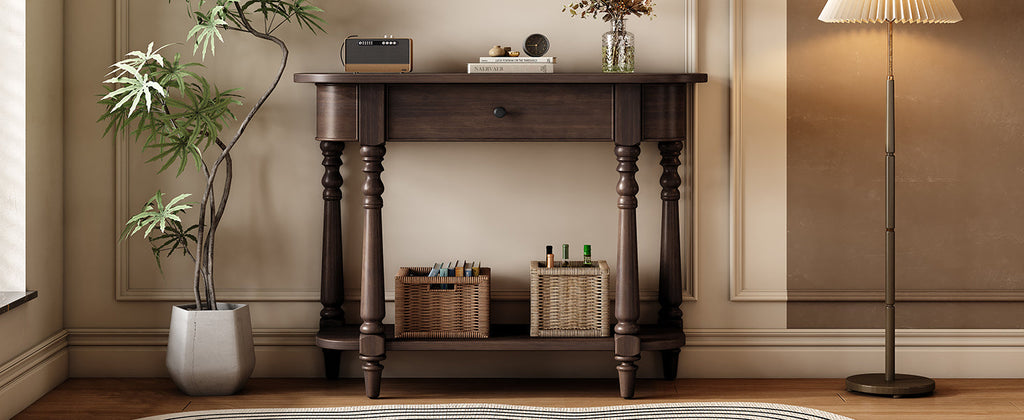 TREXM Narrow Console Table with Curved Corner, Retro Entryway Table with Top Drawer and Open Shelf, Sofa Table Console Tables for Entryway, Hallway and Living Room (Espresso)