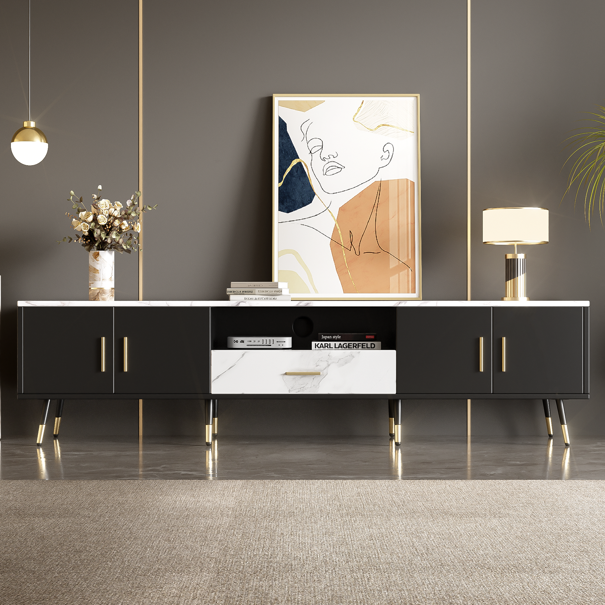 71'' Modern TV Stand with 2 Cabinets&  Open Compartments, Entertainment Center for TVs up to 80'', Television Console for Living Room, Bedroom, Home Theatre
