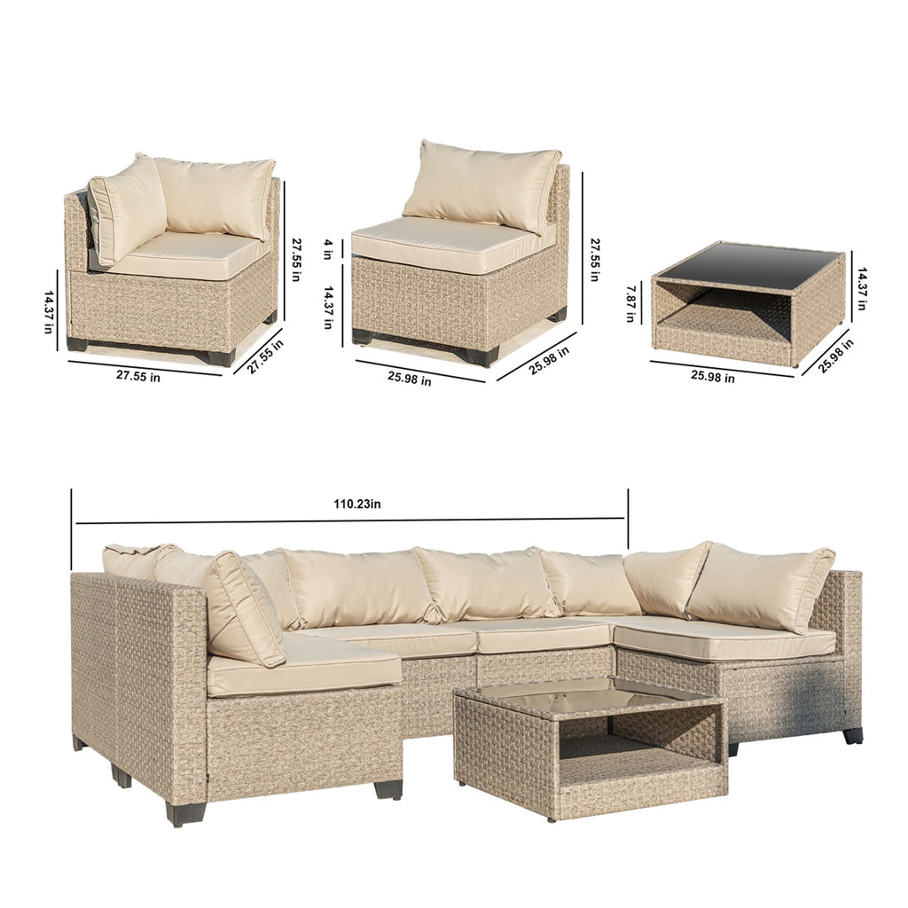 8-Piece Patio Furniture Set, All-Weather Boho Outdoor Conversation Set Sectional Sofa with Water Resistant Khaki Thick Cushions