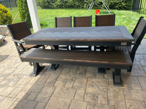 Trestle X Outdoor Bench set with dark gray frame and brown wood slats, Wooden Whale Workshop.