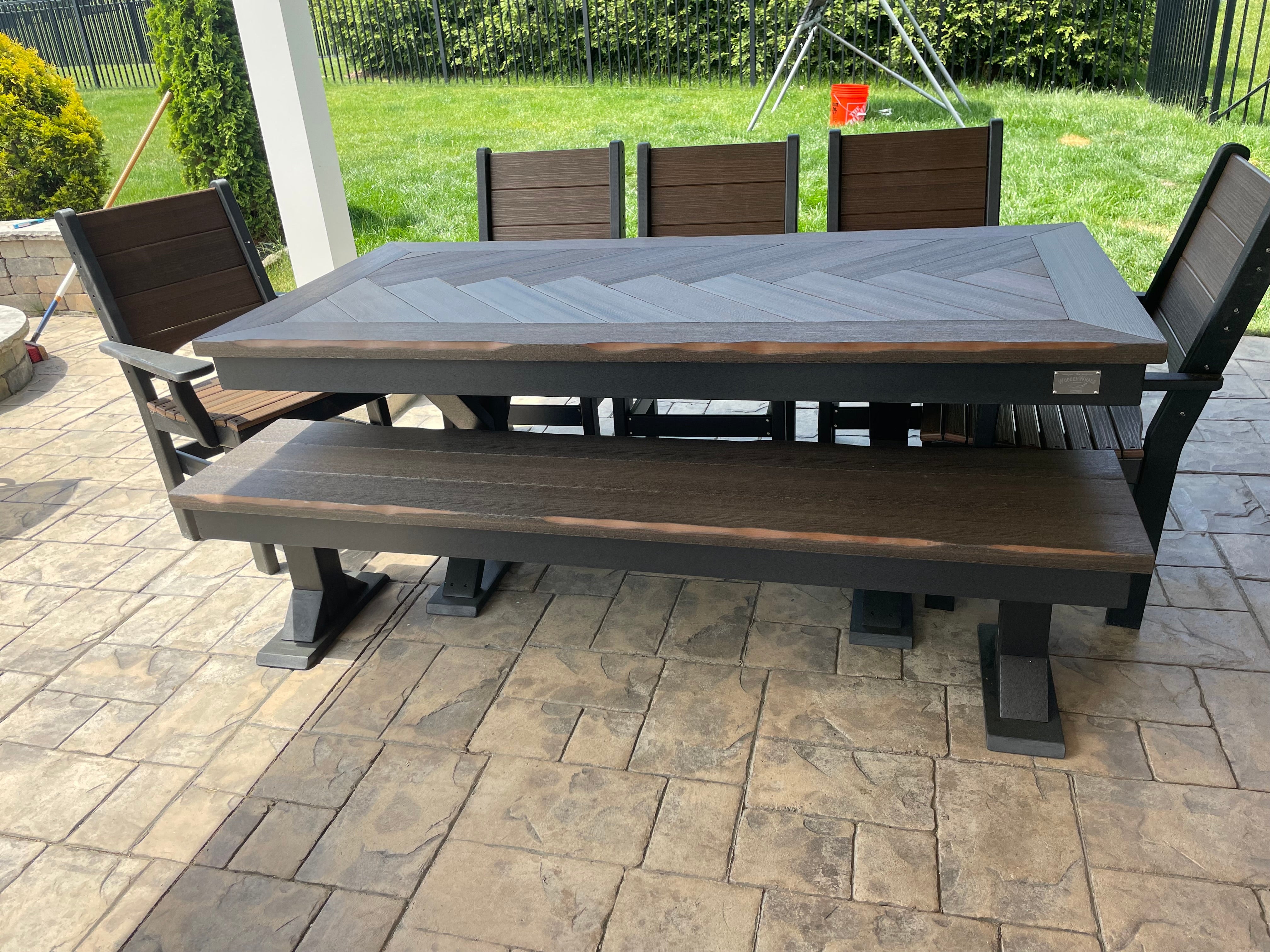 Trestle X Outdoor Bench set with dark gray frame and brown wood slats, Wooden Whale Workshop.