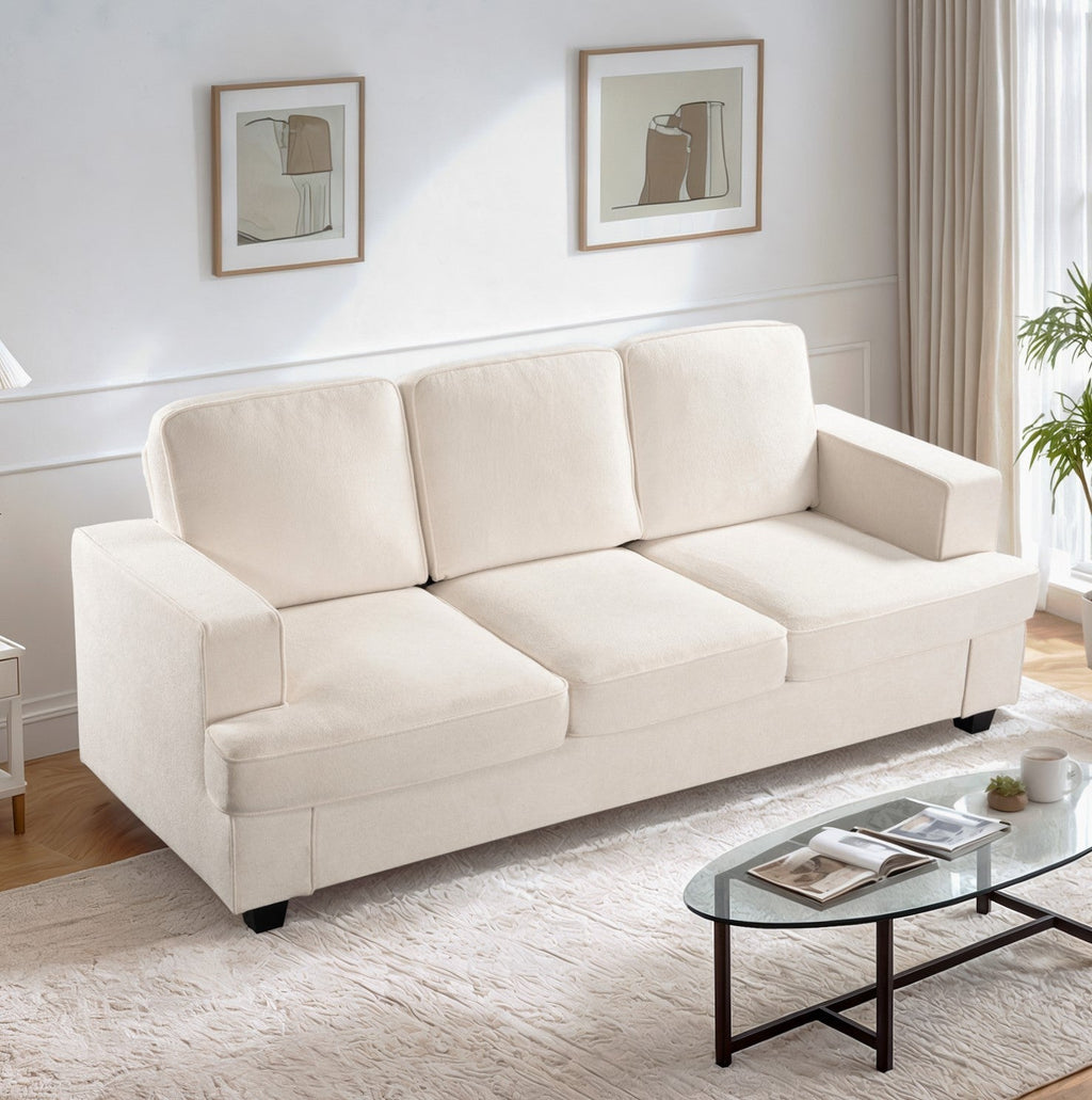 Modern Velvet Sofa, Comfortable 3 Seater Couch with Deep Seating and High-Density Foam, Loose Back Cushions, Wide Arms, Living Room Furniture for Home, Apartment, Office, Ivory