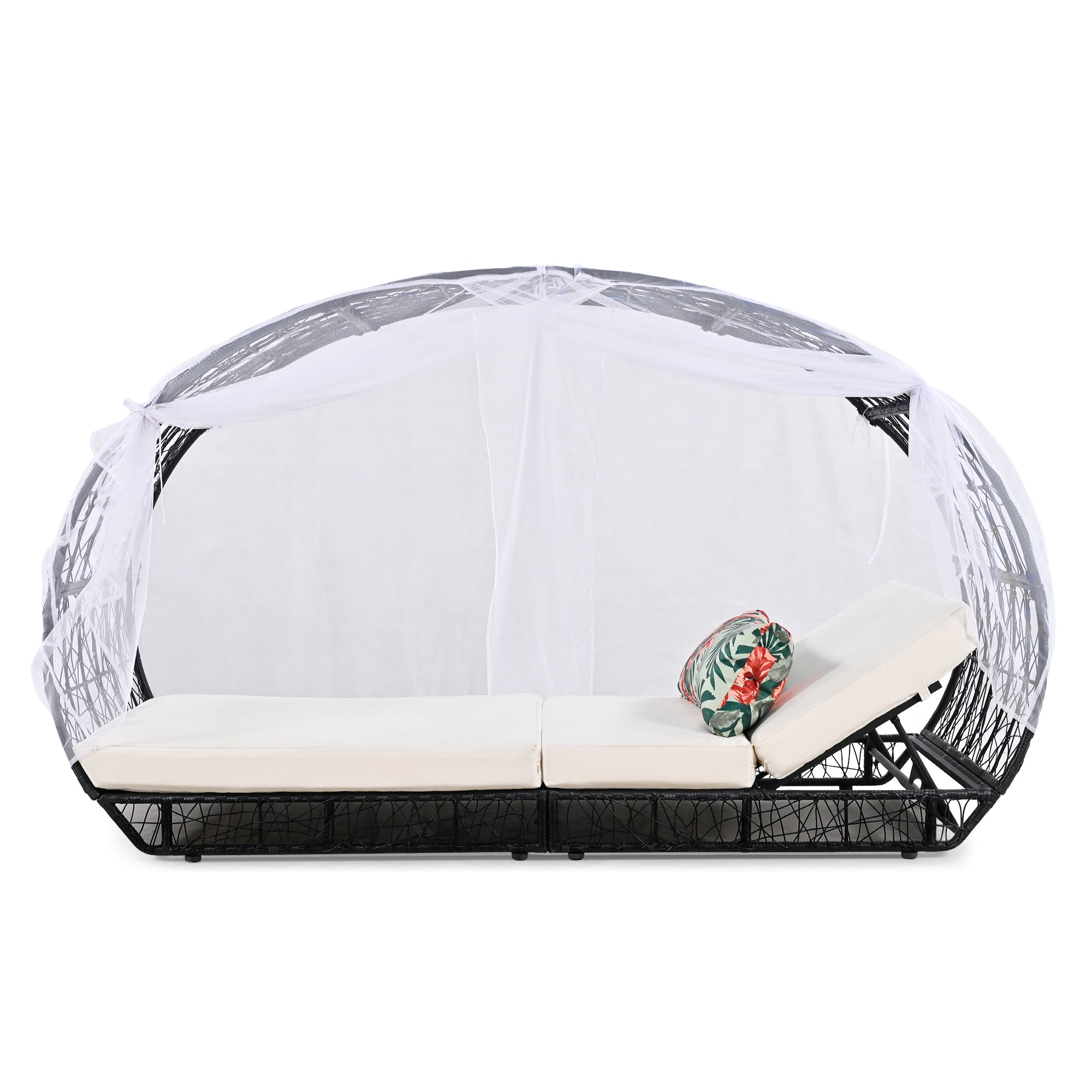 GO 90.55' Outdoor Patio Daybed with Curtain, Sunbed with Cushion and Colorful Pillow, Wicker Lounge Chairs Backrest Adjustable Recliners for Pool Garden Backyard, Beige Cushion, Black Wicker