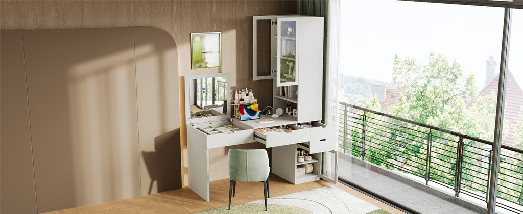 Versatile Makeup Vanity Desk with Mirror and Charging Station, Dressing Table with 8 Hidden Storage Compartments, Computer Desk with 3 Drawers, 2 Cabinets and Open Shelves,Home Office Desk, White