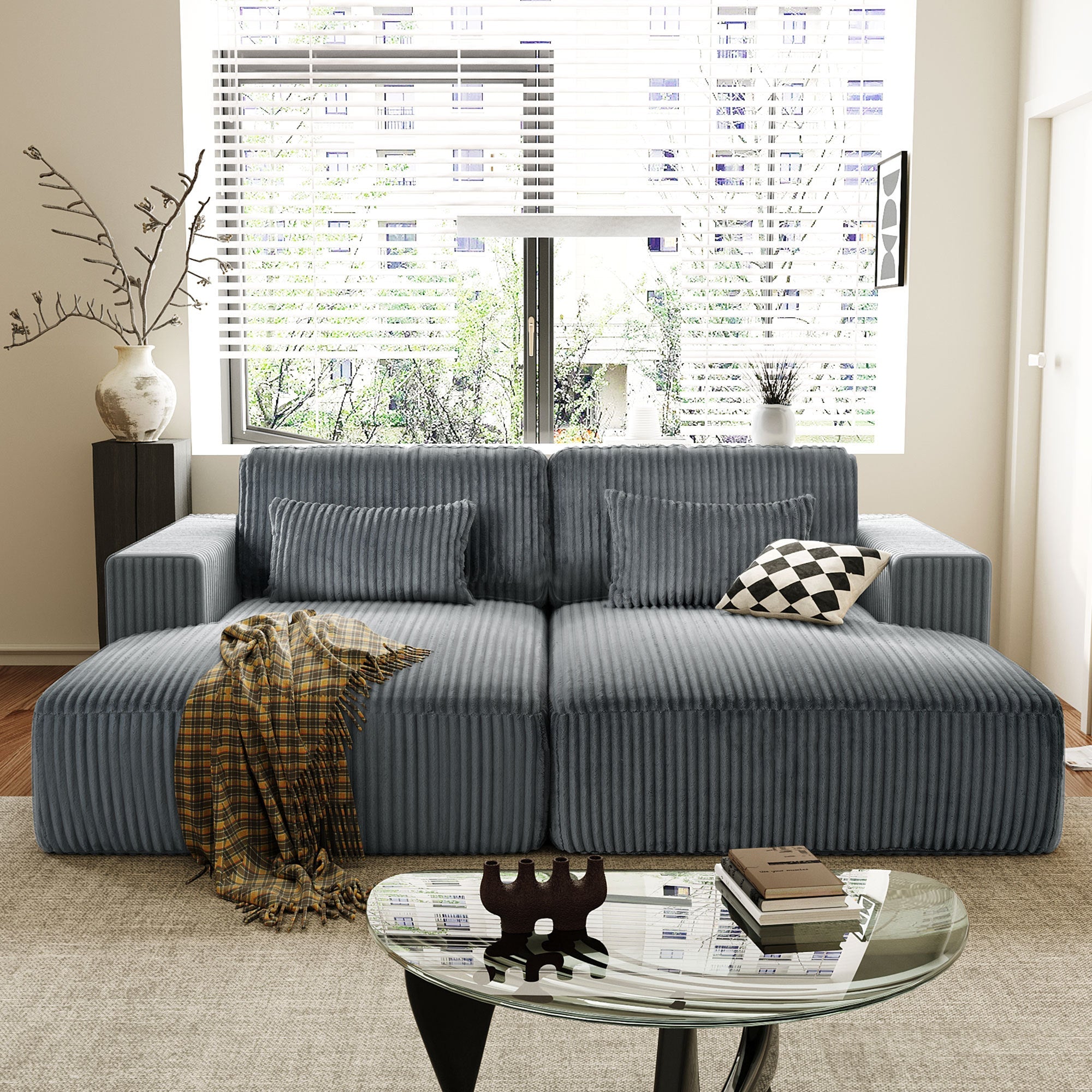 U_Style Corduroy Double Sofa Bed with 2 Pillows, Perfect for Living Rooms, Apartments, Offices