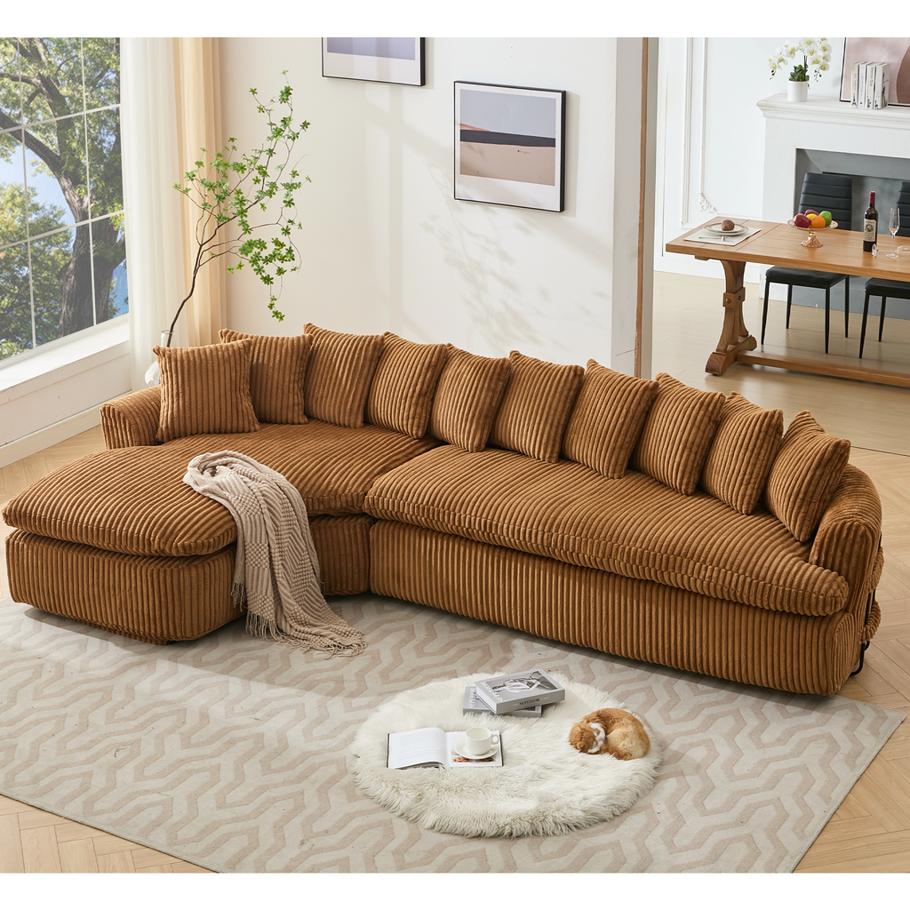 127''  Large Sectional Sofa ,Elegant Curved Design ,High-Resilience Foam ,Ten Back Cushions,L-Shape Left Sofa,No Assembly  Required , (Brown-Soft Corduroy Fabric)