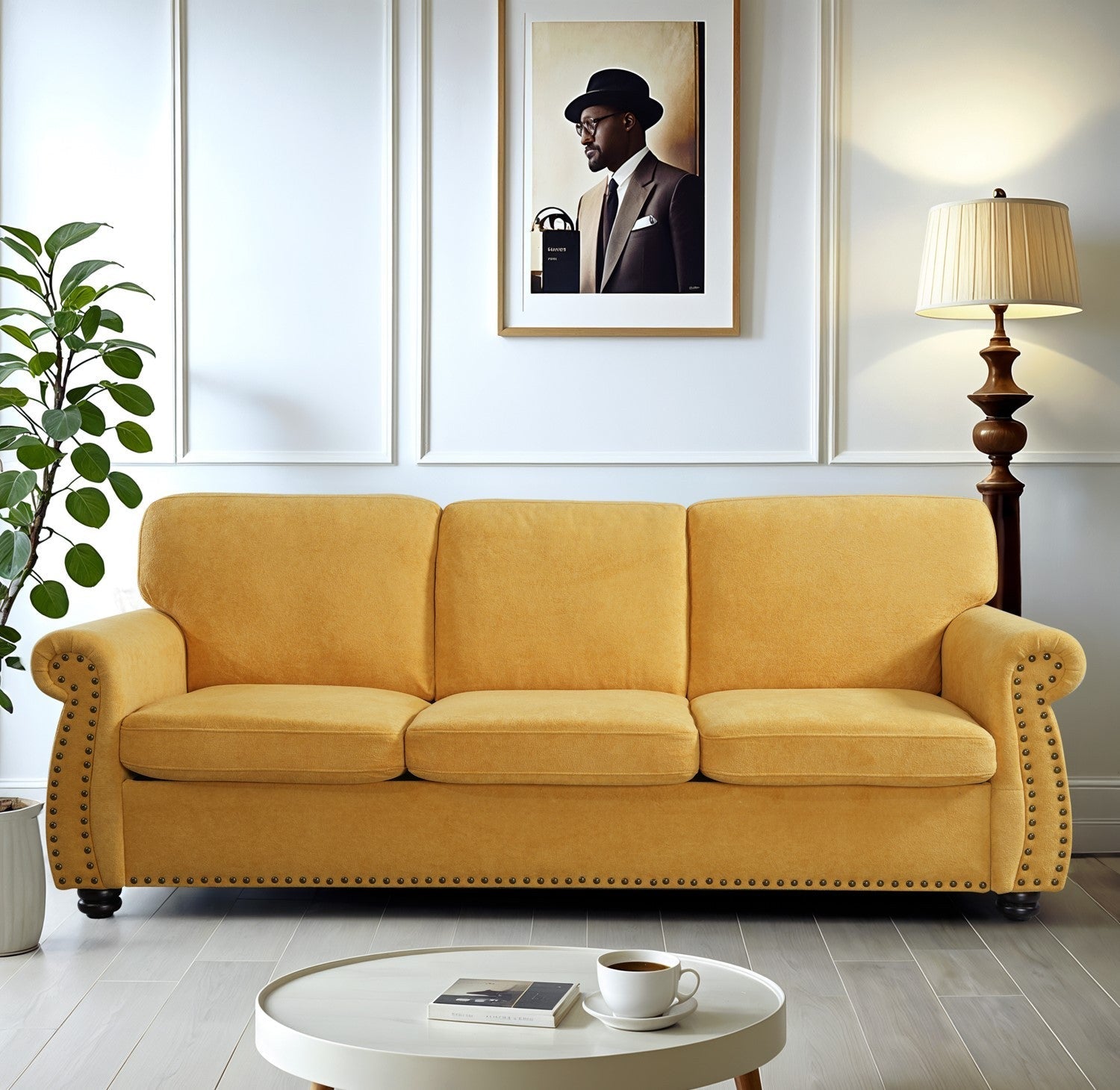 Soft Velvet Sofa, Upholstered 3 Seater Couch with High-Density Foam, Loose Back Cushions and Solid Wood Turned Legs, Chic Living Room Furniture for Home, Apartment and Office, Mustard yellow