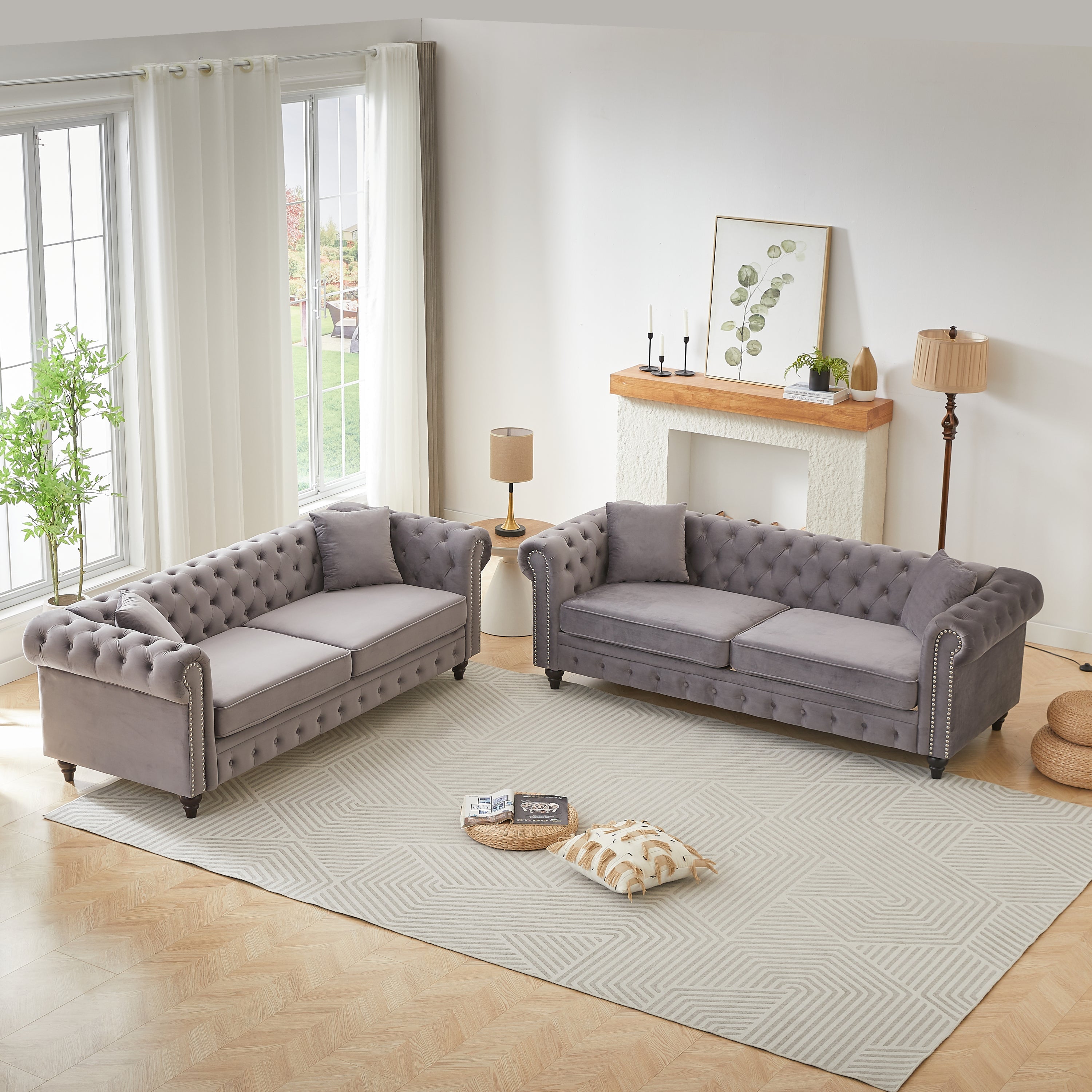 FX 3 Seats + 3 Seats Combo Sofa Modern living room sofa with solid wood frame and wooden feet, 4 cushions, apartment sofa furniture for living room, living room, office