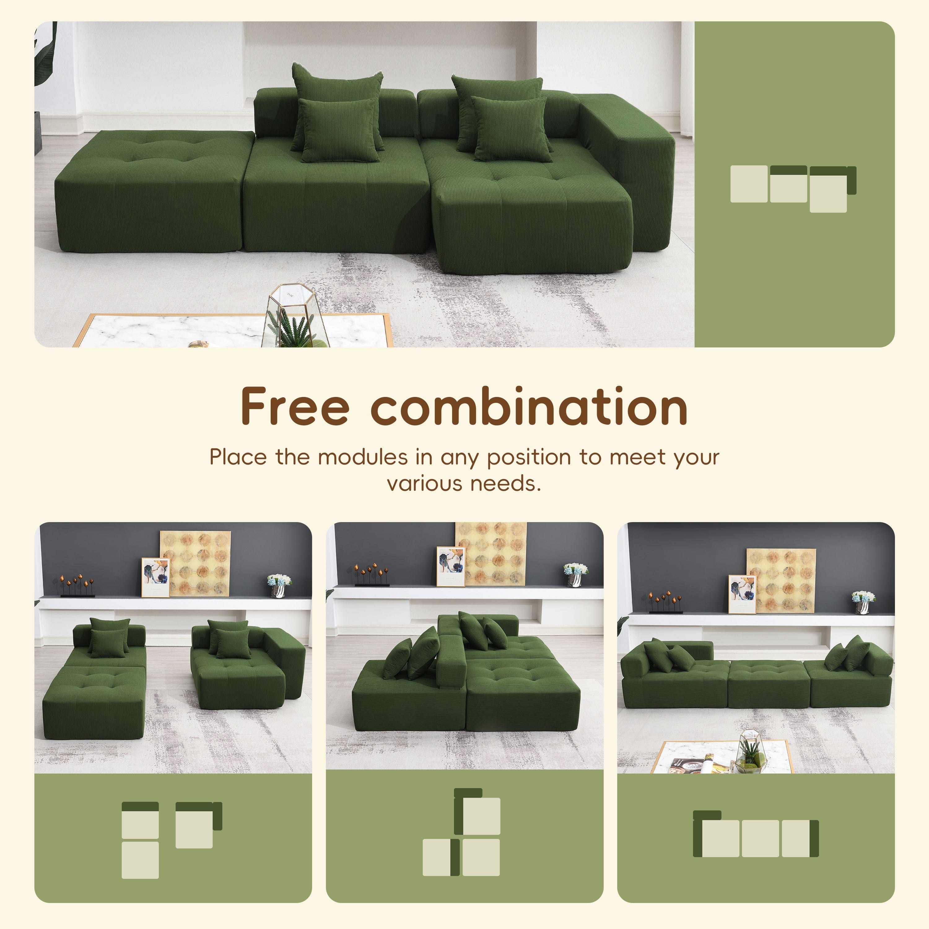 105.5''L Shaped Modular Sectional Sofa,Wide and Deep Seat,Minimalist Wrinkle-resistant Corduroy Couch,Full Compressed Cloud Couch for Living Room,3 PC Free Combination,No Assembly Required,3 Colors