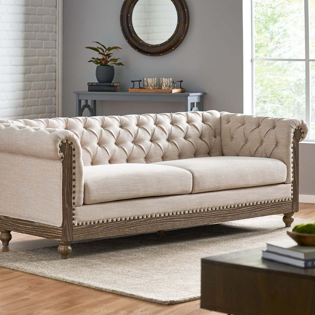 Mirod Retro Style Comfy 3-Seat Sofa with Wooden Legs, Beige Polyester, 78.75'' Wide