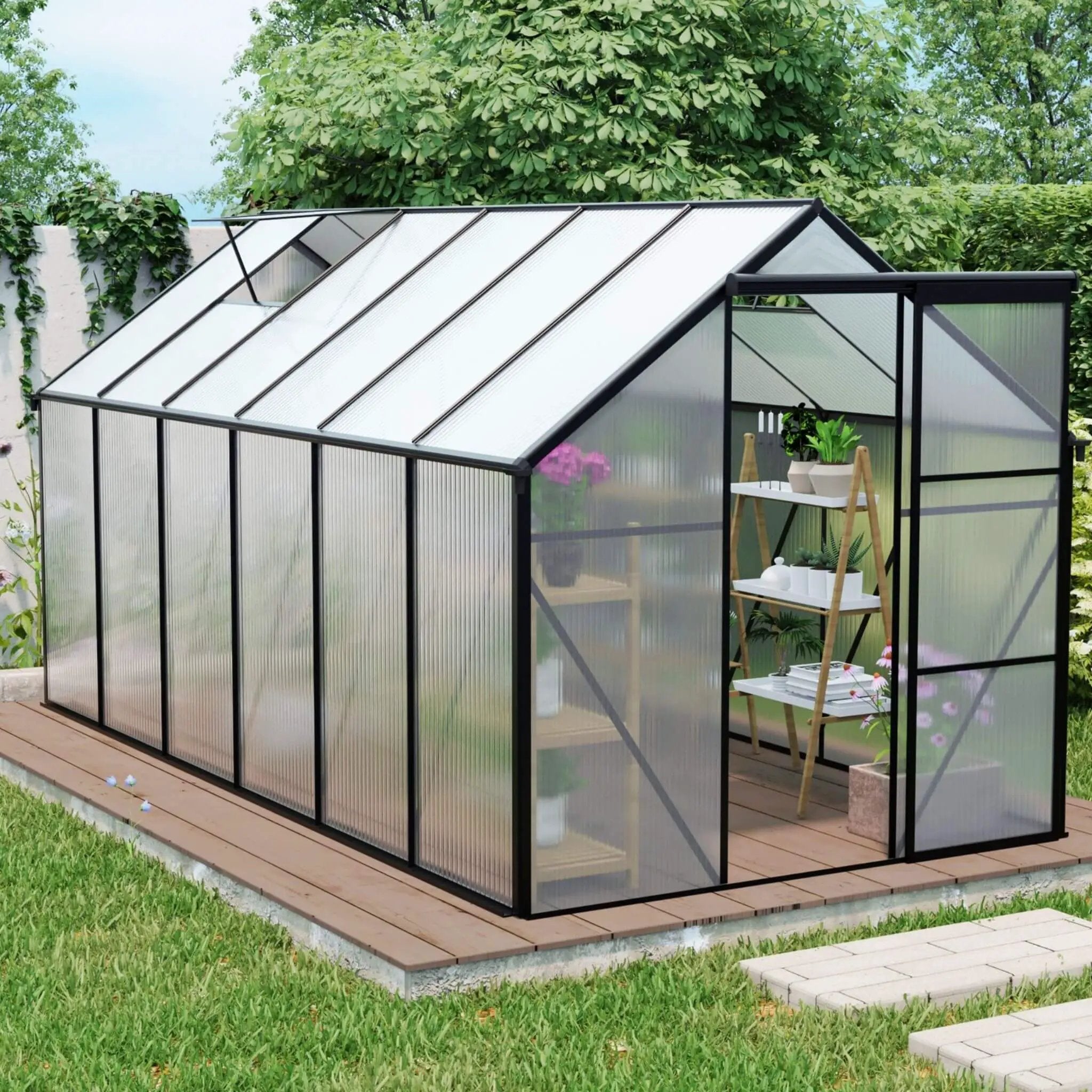 Glass greenhouse with shelves and plants in a garden setting