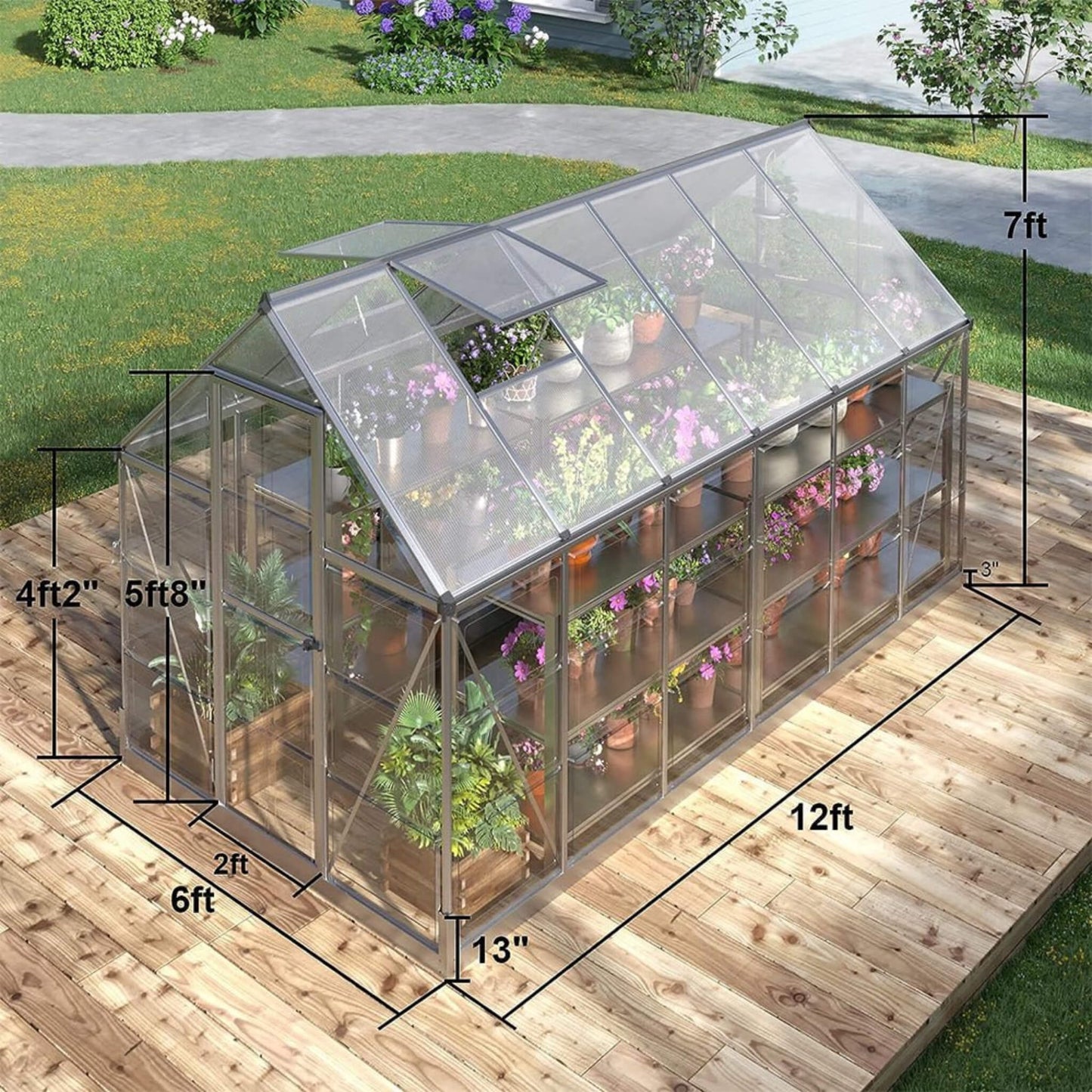 [06x12FT] Heavy Duty Outdoor Aluminum Polycarbonate Walk-In Greenhouse With Lockable Hinged Door (SAK85247)