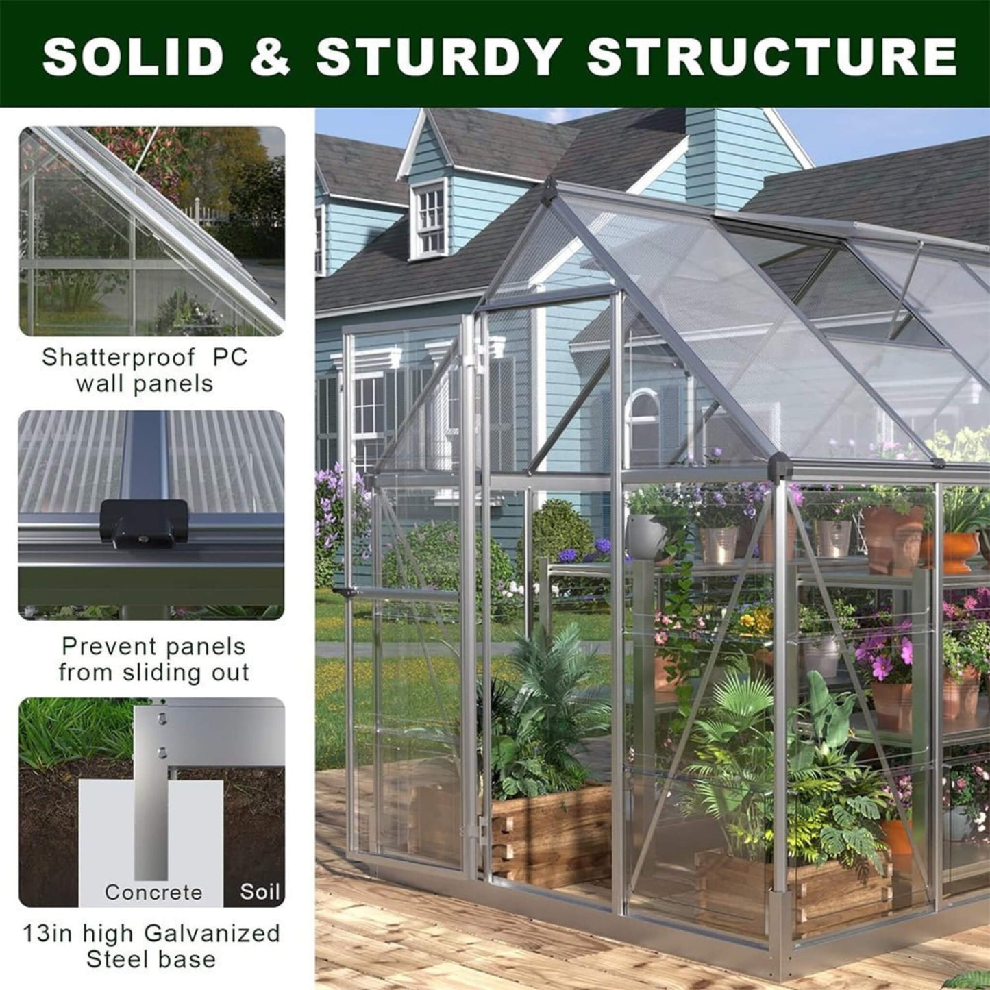 [06x12FT] Heavy Duty Outdoor Aluminum Polycarbonate Walk-In Greenhouse With Lockable Hinged Door (SAK85247)