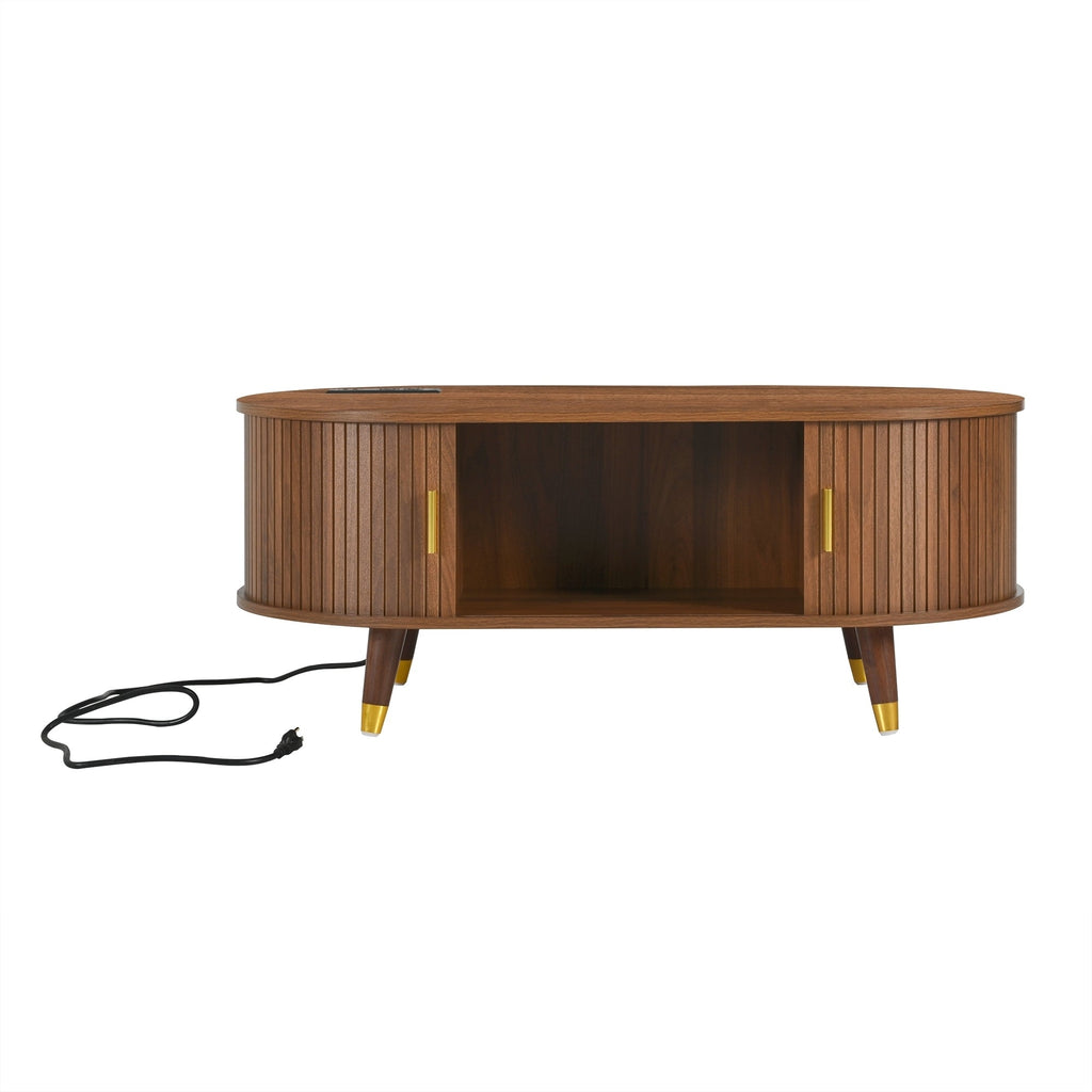 Wooden Farmhouse TV Stand & Coffee Table Set with Charging Station, Oval Fluted Media Console with Sliding Doors for TVs up to 80', Mid-Century Center Table with Solid Wood Legs for Living Room,Walnut