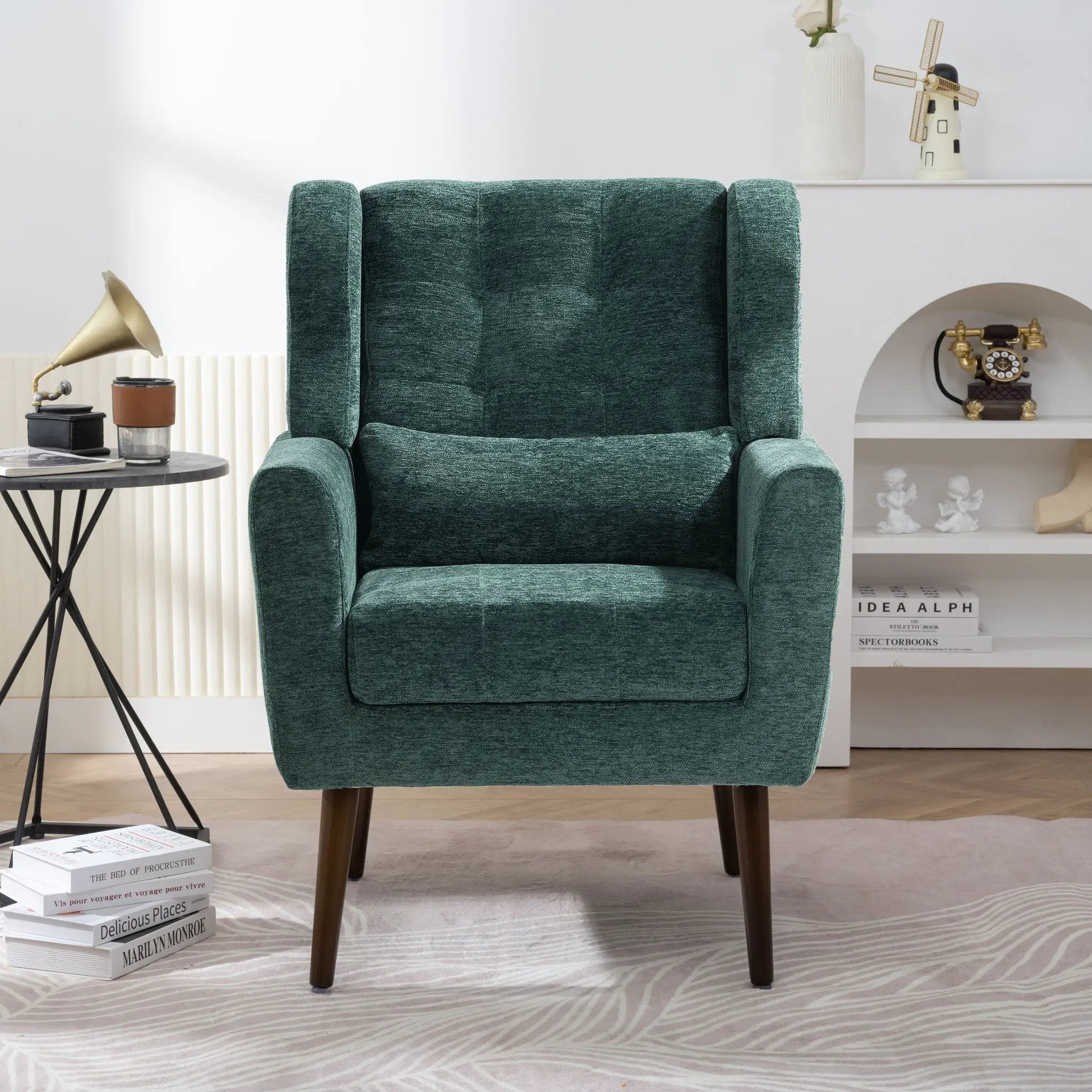 Modern Accent Chair, Arm Chairs For Living Room, Upholstered Mordern Armchair, Comfy Soft Padded Lounge Chair In Small Space, Bedroom, With Pillow, Solid Wood Leg