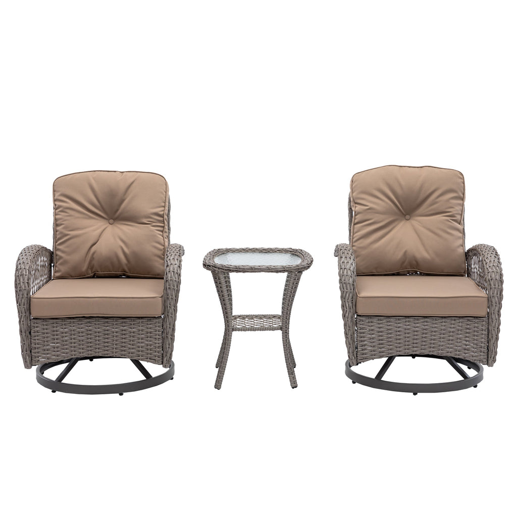 3 Pieces Outdoor Swivel Rocker Patio Chairs, 360 Degree Rocking Patio Conversation Set with Thickened Cushions and Glass Coffee Table for Backyard, Khaki