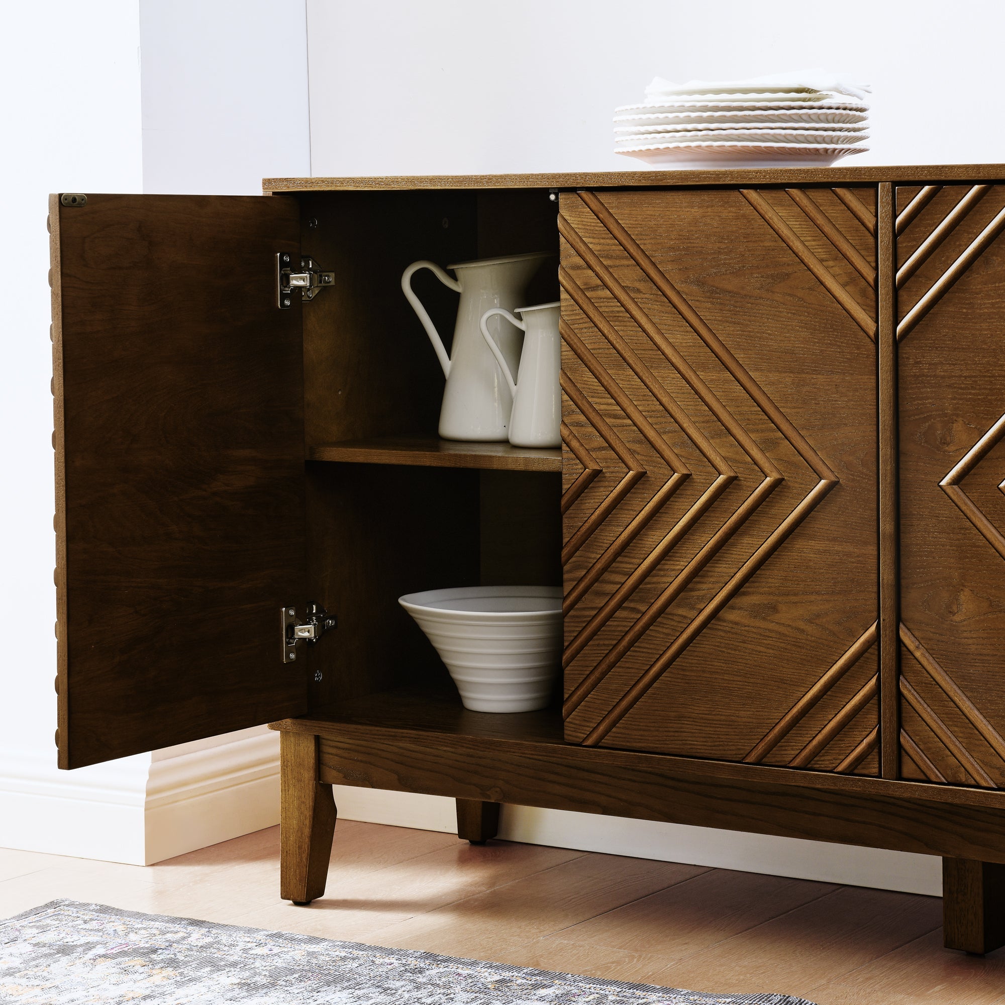 60.5'' Buffet Cabinet with Storage, Farmhouse Fluted Sideboard with Geometric Pattern & Adjustable Shelves, Mid Century Modern TV Stand for Living Room Kitchen Dining Room Entryway, Walnut