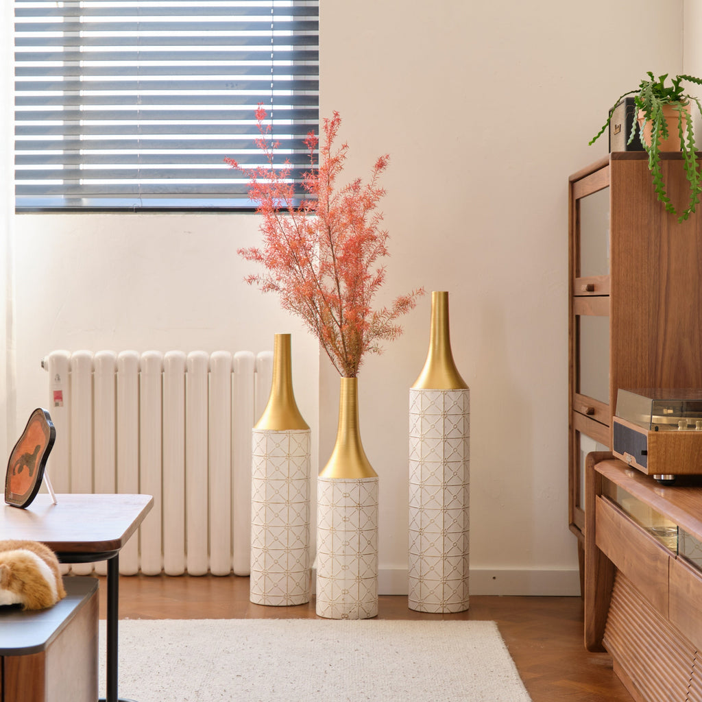 Floor Metal Vases Decorated White Metal Vases Set of 3 Gorgeous Home Decoration Large Glazed Metal Vases 24in/28.7in/33.5in Height