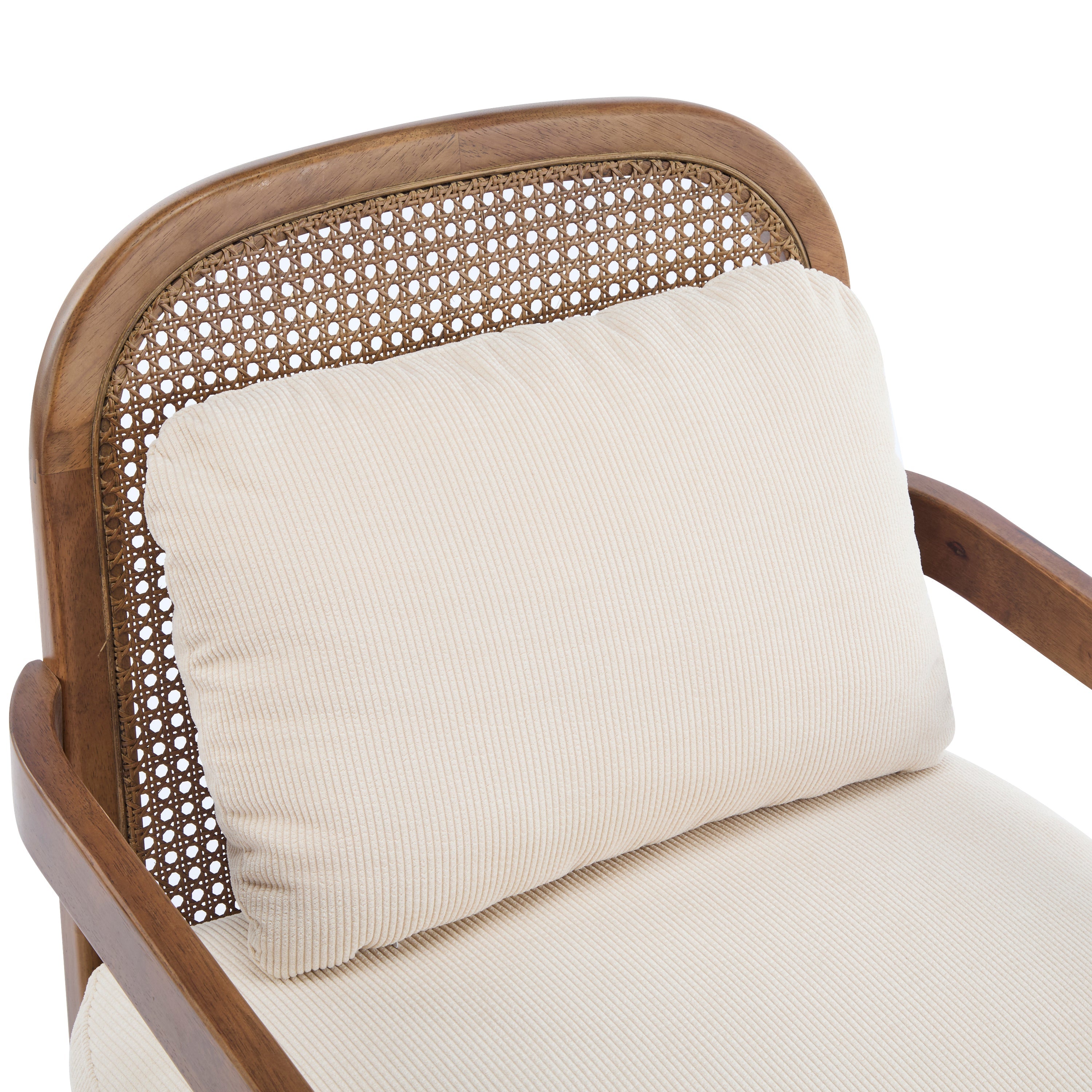 [Set of 2] 26.6' Mid-Century Modern Accent Chair with Light Brown Finish Solid Wood Frame and Rattan Backrest, Beige Cushion with Striped Fabric, Comfy Armchairs for Living Room, Bedroom, Reading Nook