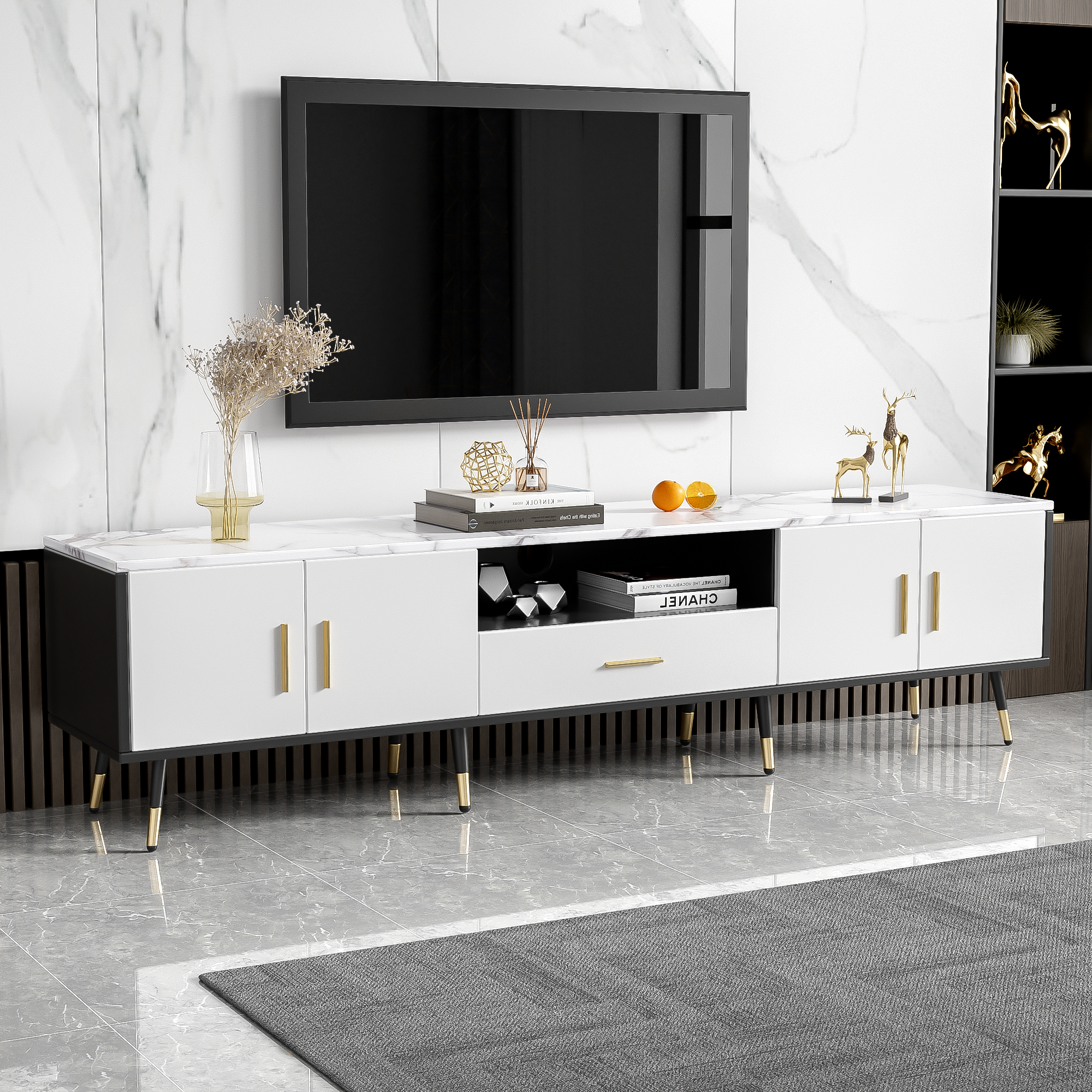 71'' Modern TV Stand with 2 Cabinets&  Open Compartments, Entertainment Center for TVs up to 80'', Television Console for Living Room, Bedroom, Home Theatre