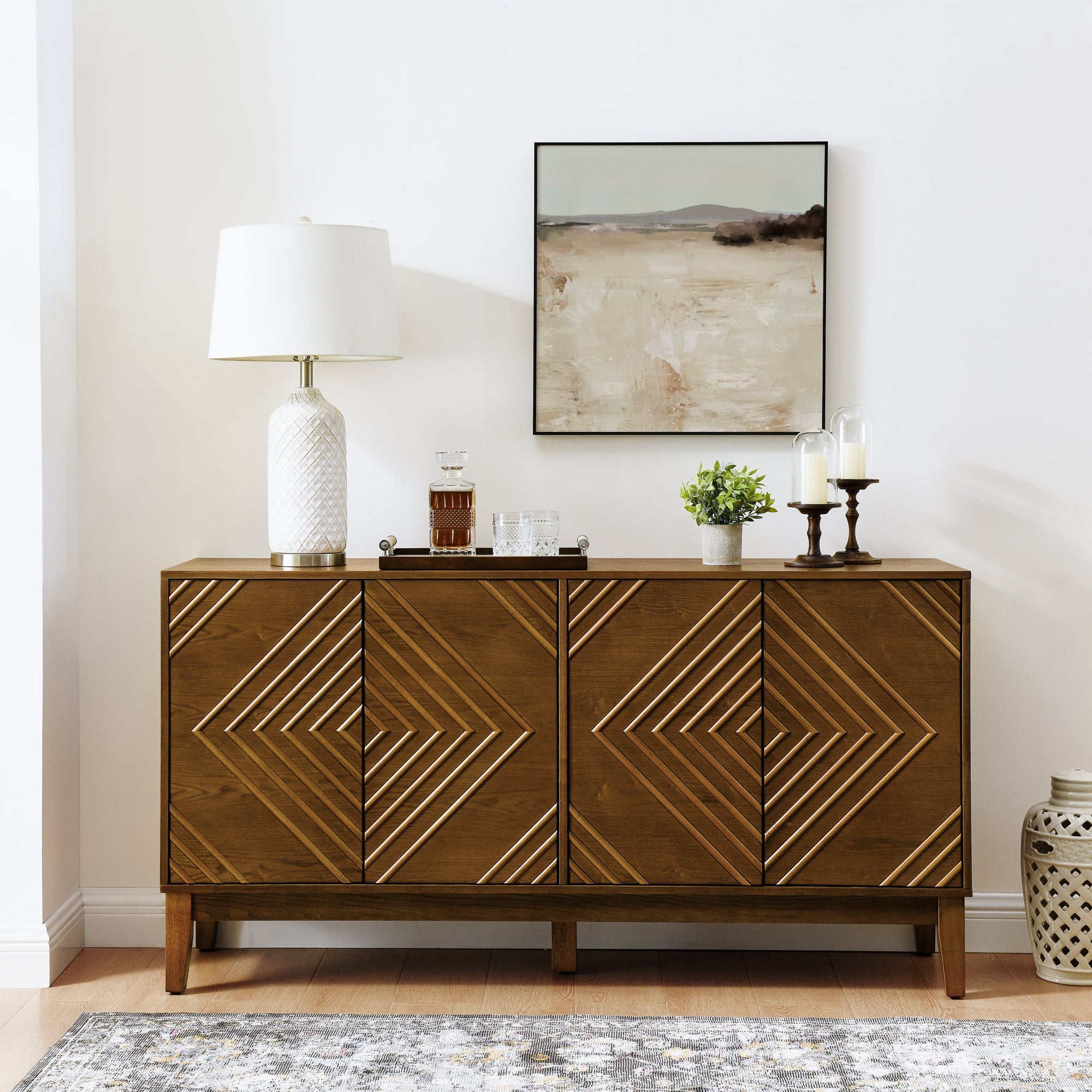 60.5'' Buffet Cabinet with Storage, Farmhouse Fluted Sideboard with Geometric Pattern & Adjustable Shelves, Mid Century Modern TV Stand for Living Room Kitchen Dining Room Entryway, Walnut
