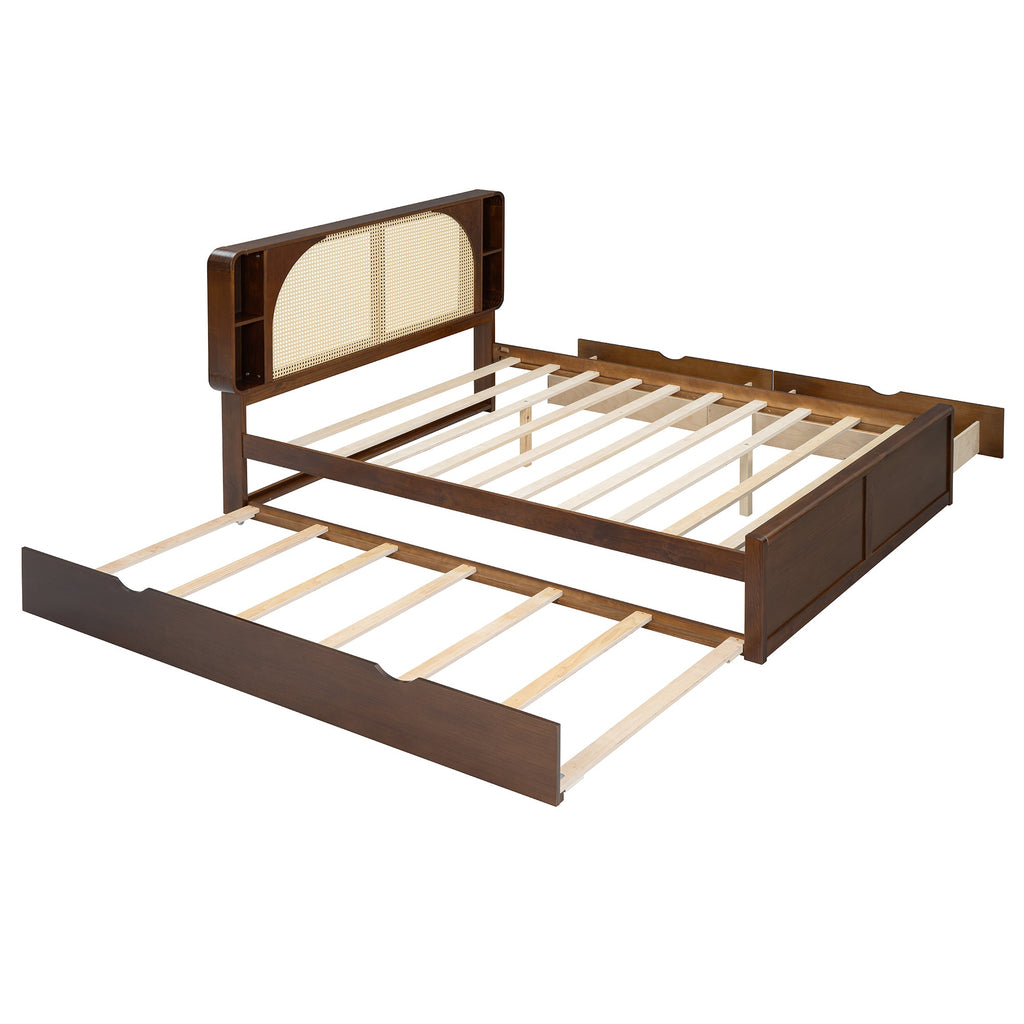Queen Size Rattan Headboard Bed with Two Drawers and Trundle, Walnut