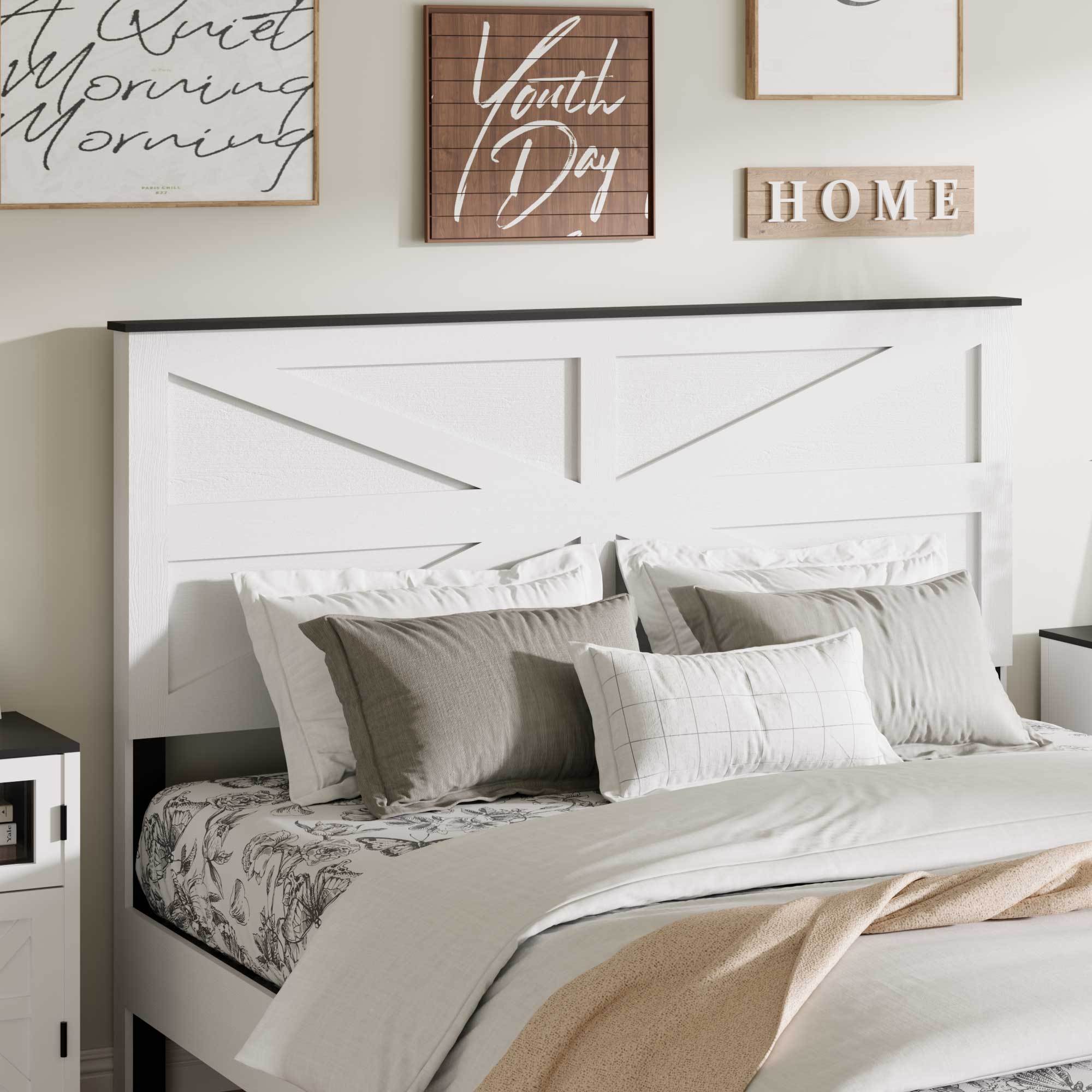 King Bed Frame Headboard , Wood Platform Bed Frame , Noise Free,No Box Spring Needed and Easy Assembly Tool,Large Under Bed Storage,White