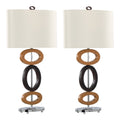 Hoops 29' Polyresin Table Lamp in Cedar Wood and Bronze Polyresin with Chrome Metal Accents and White Linen Shade from Grandview Gallery by LumiSource - Set of 2