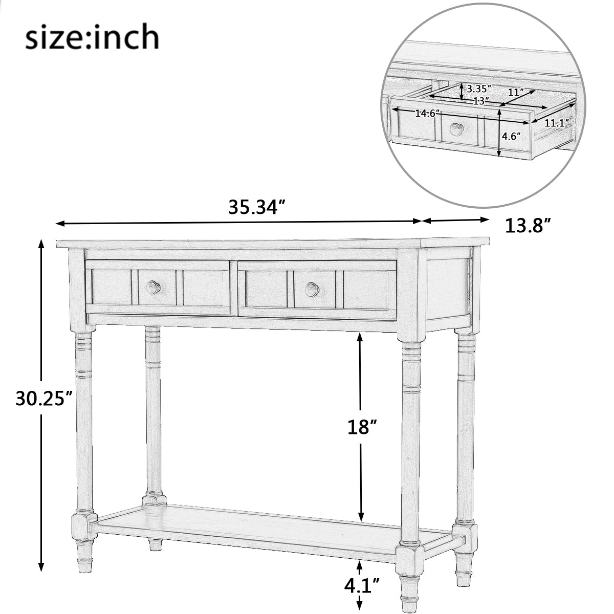 TREXM Daisy Series Console Table Traditional Design with Two Drawers and Bottom Shelf (Retro Grey)