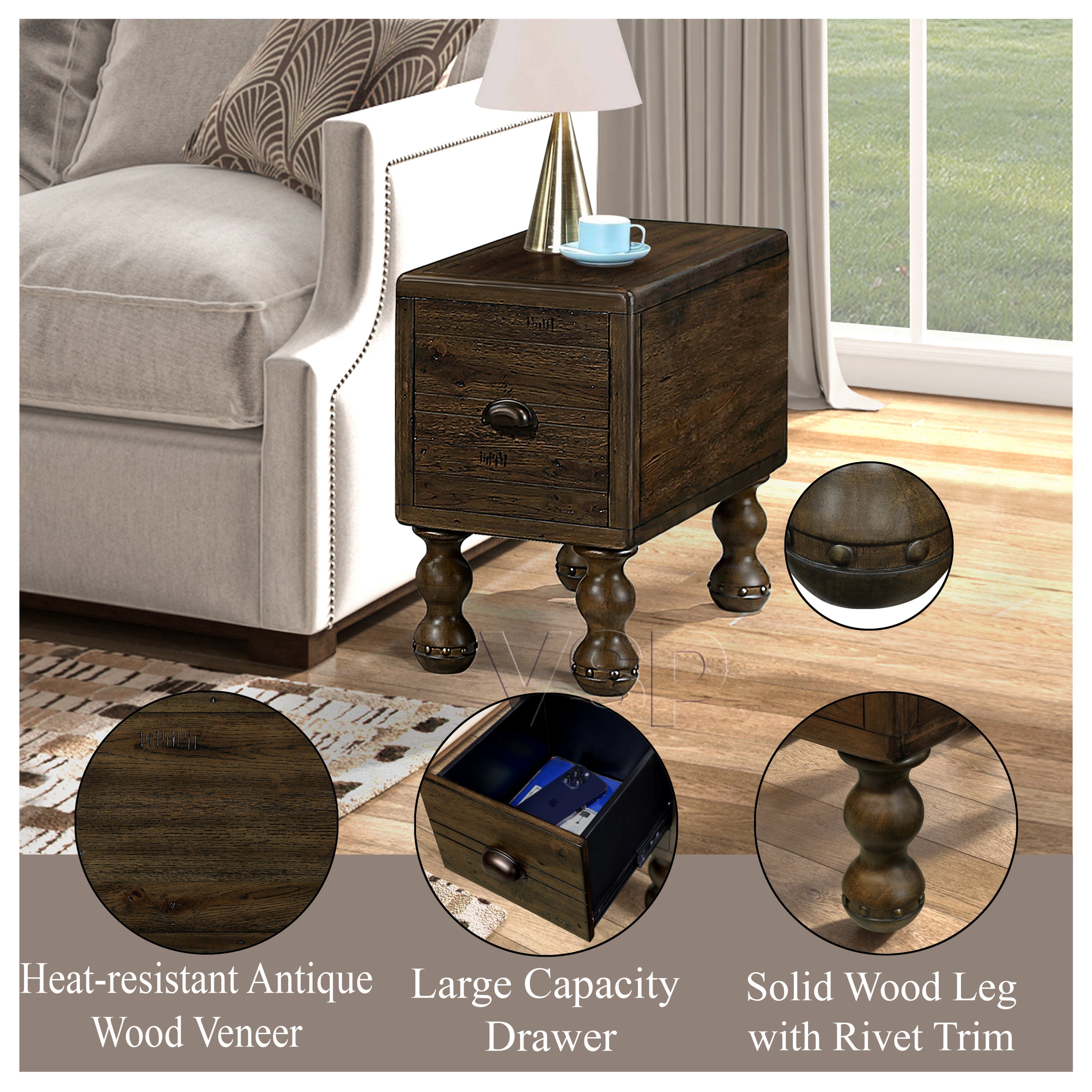 Rectangle Living Room Coffee Table Set,  3-Piece Solid Wood Living Room Table Set, 1 Coffee Table and 2 End Table, Wood Center Table Tea Table Set with Rivet Decoration Legs.Espresso