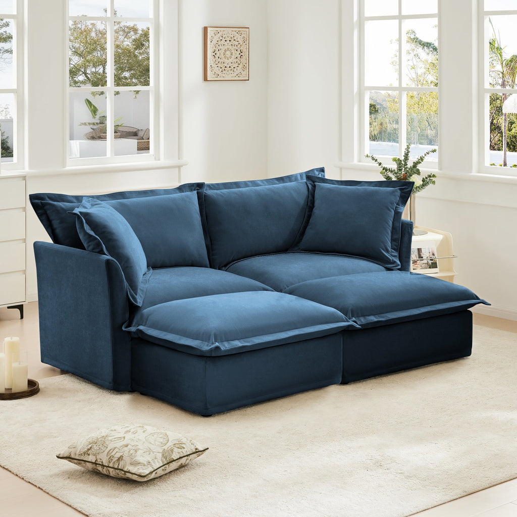 Slipcovered Sofa 2 Seater Sofa    With 2 Ottomans, 2 Seater Sleeper Sofa Bed Home Theater Oversized Sofa For Living Room, Chenille, Blue