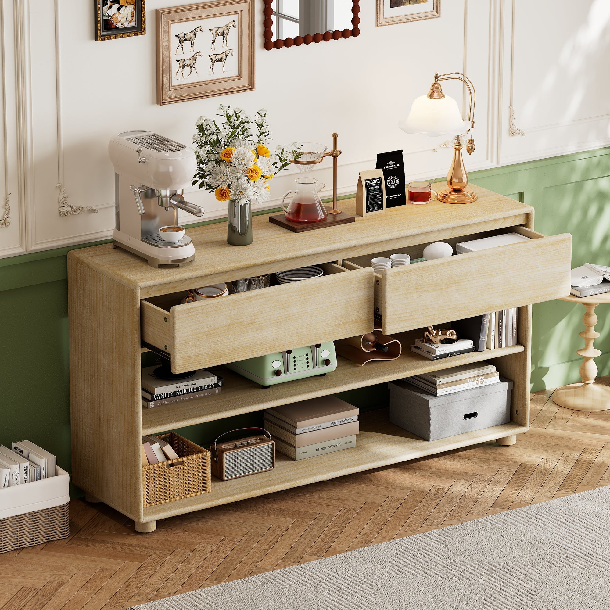 TREXM Console Table for Entryway, Vintage Entryway Table with Drawers and Shelves, Perfect Console Tables with Storage for Entryway, Hallway, Living Room (Natural Wood Wash)