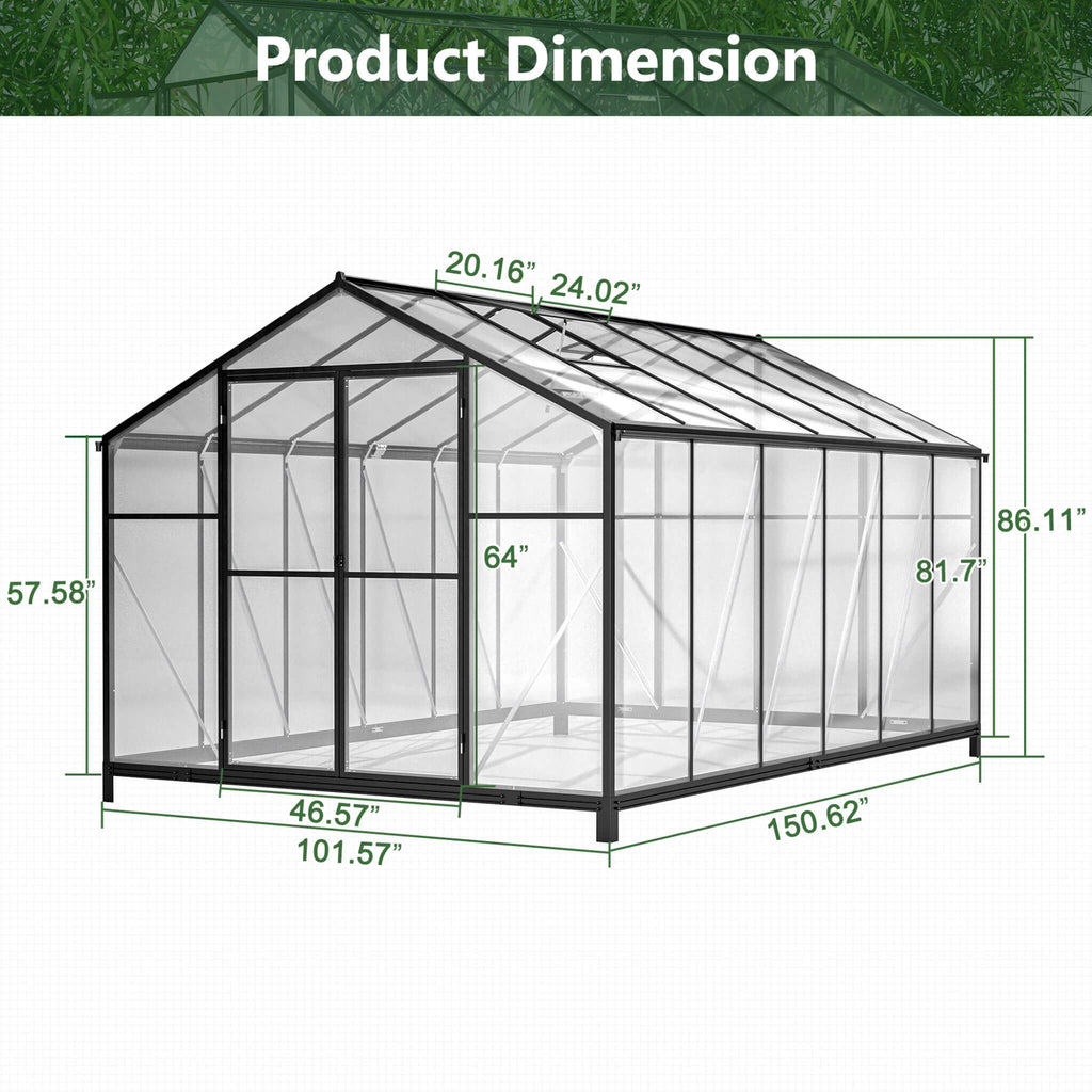 [08X12FT] Large Outdoor Heavy Duty Polycarbonate Walk-In Greenhouse With Double Swing Doors And Two Ventilation Windows (SAK73651)