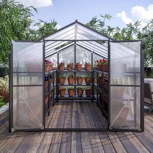 [08X12FT] Large Outdoor Heavy Duty Polycarbonate Walk-In Greenhouse With Double Swing Doors And Two Ventilation Windows (SAK73651)