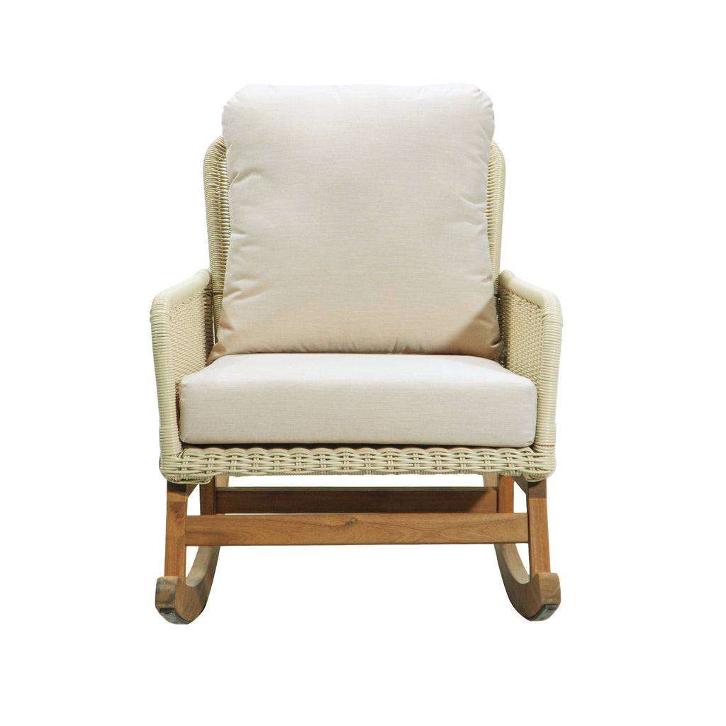 Modern 3-Piece Outdoor Seating Set with Ivory Cushioned PE Rattan Rocking Chairs and Wooden Accent Table, Perfect for Patio or Balcony Relaxation