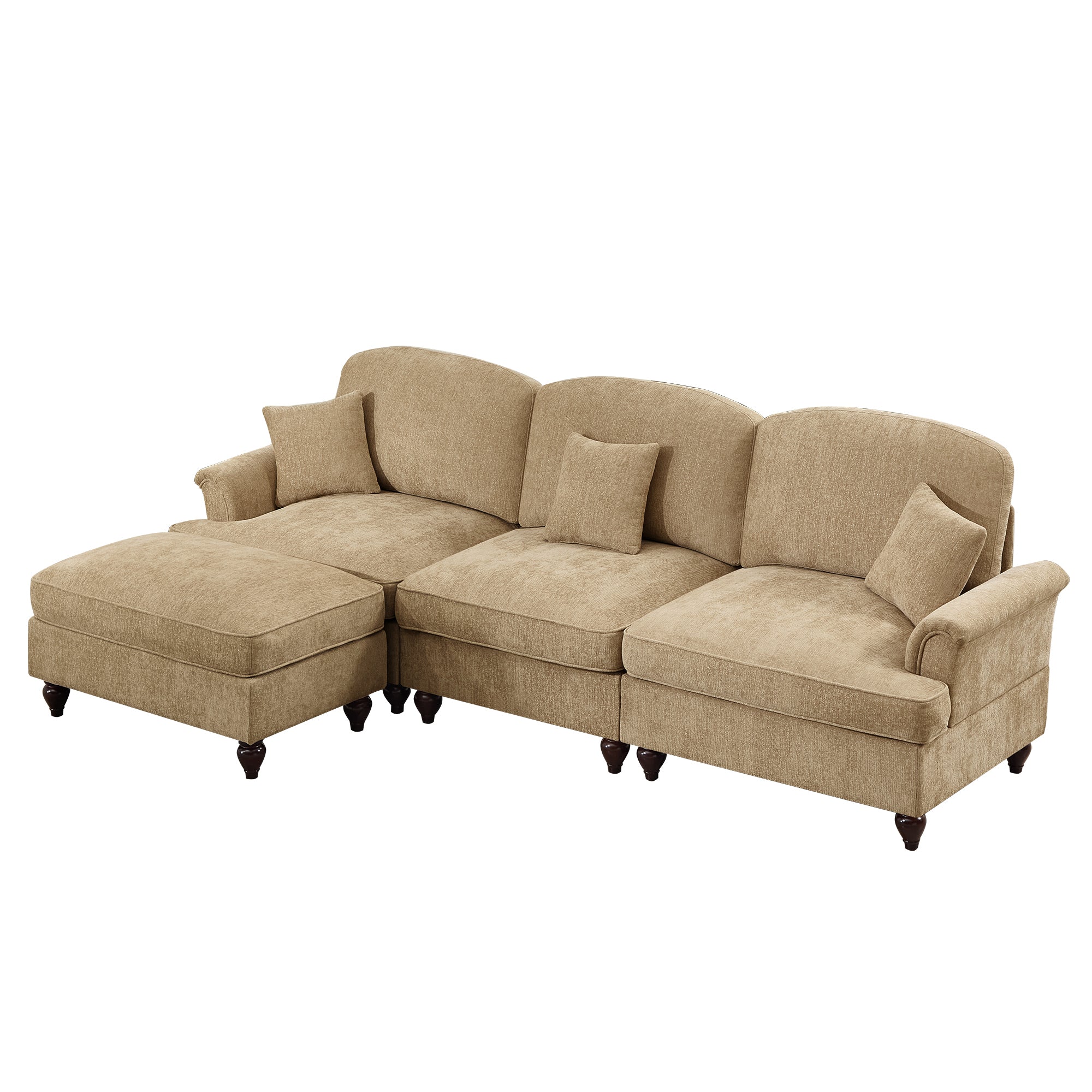 Mid Century Three Seater Modular L Shaped Sectional Couch with Flared Arms and Removable Ruffles Pleats Skirts and Spindle Legs, Comfy Chenille 3-Seat Deep Seat Sofa with Movable Ottoman,Light Coffee